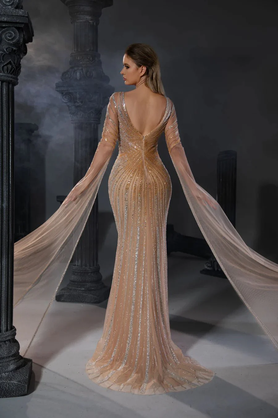 Elegant Champagne Sequin Evening Gown with Flowing Cape Sleeves - Designer Sequin Gown and Glitter Dress with V-Neck Plus Size - Image 5
