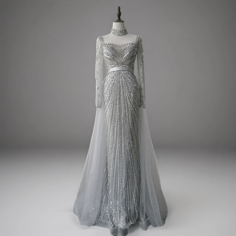 Elegant Champagne Sequin Evening Gown with Tulle - Champagne Dress for Wedding Guest - Pretty Sequin Dress with Long Sleeves Plus Size - Image 3