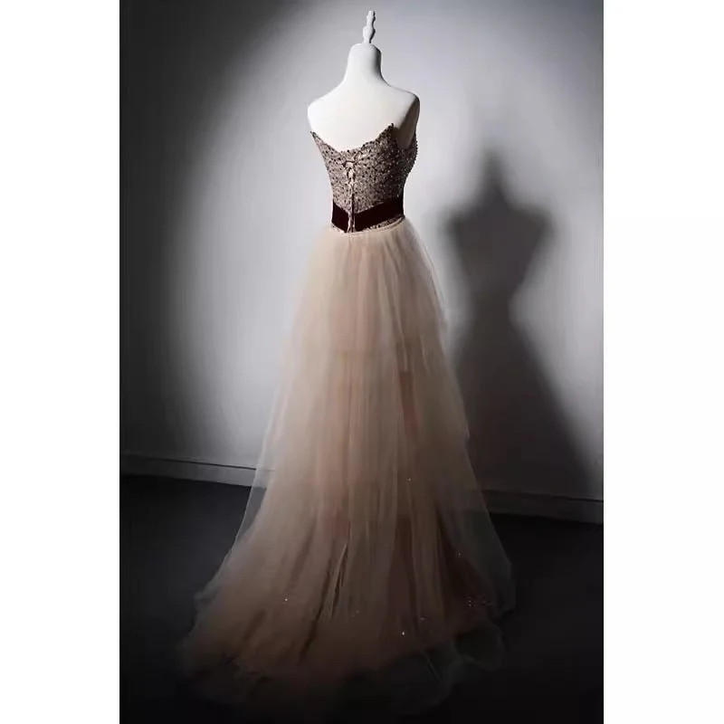 Elegant Champagne Sequined Sheath Gown with Velvet Red Waistband and Tulle Overlay - Image 4