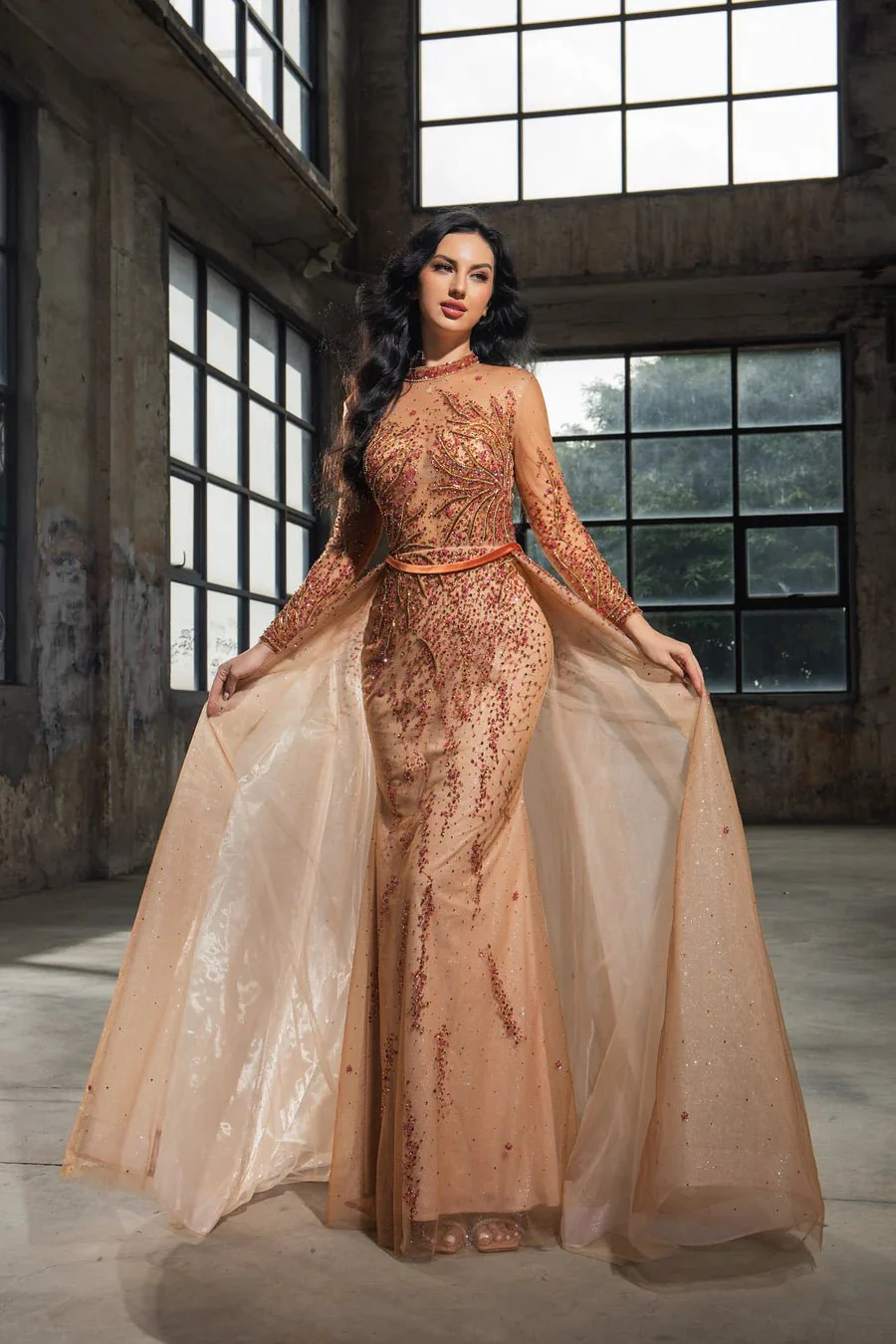 Elegant Brown Sequin Evening Gown with Sheer Long Sleeves - Designer Sequin Dress and Pretty Sequin Dress Plus Size