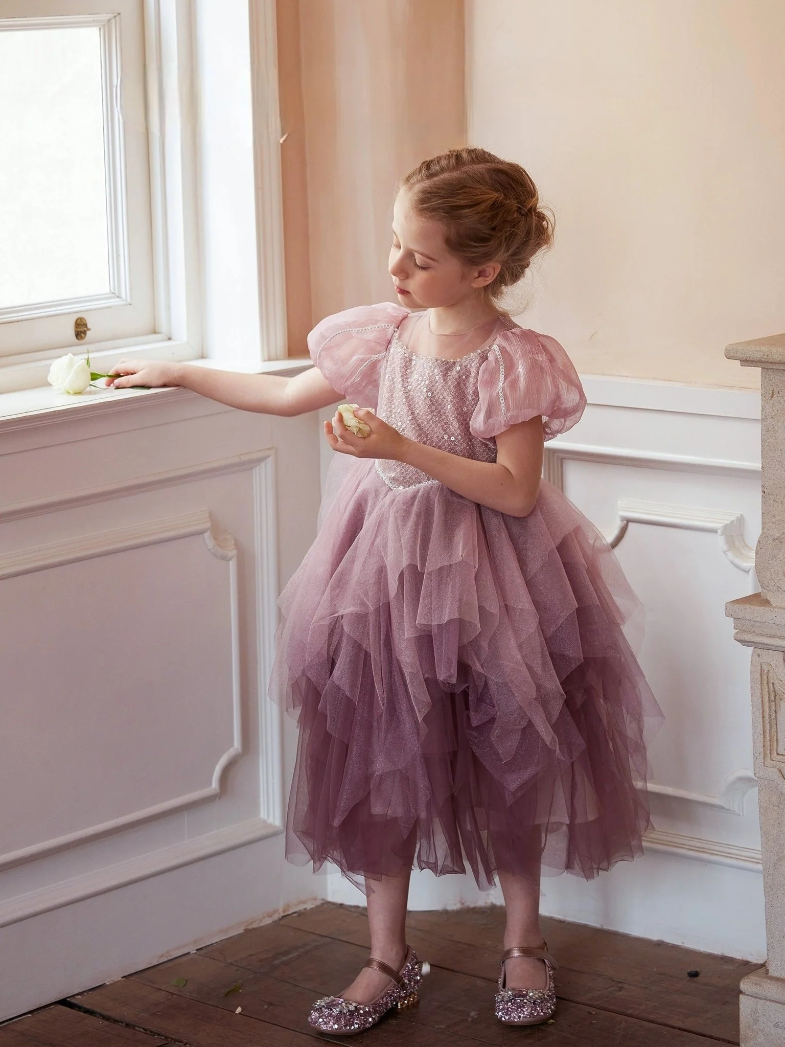Elegant Dusty Rose Tulle Flower Girl Dress with Delicate Sequin Bodice and Puff Sleeves – Plus Size - Image 2