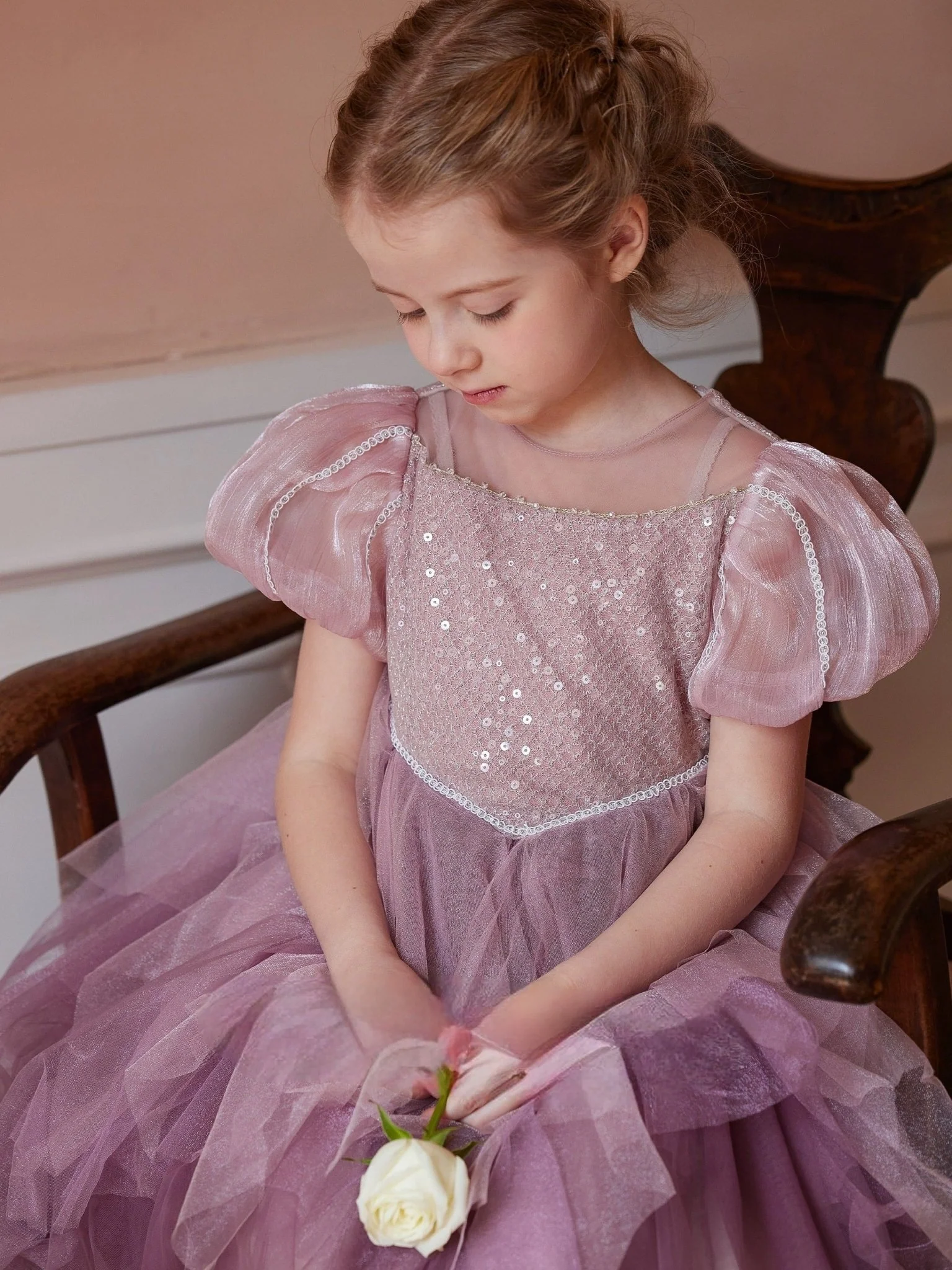 Elegant Dusty Rose Tulle Flower Girl Dress with Delicate Sequin Bodice and Puff Sleeves – Plus Size - Image 4