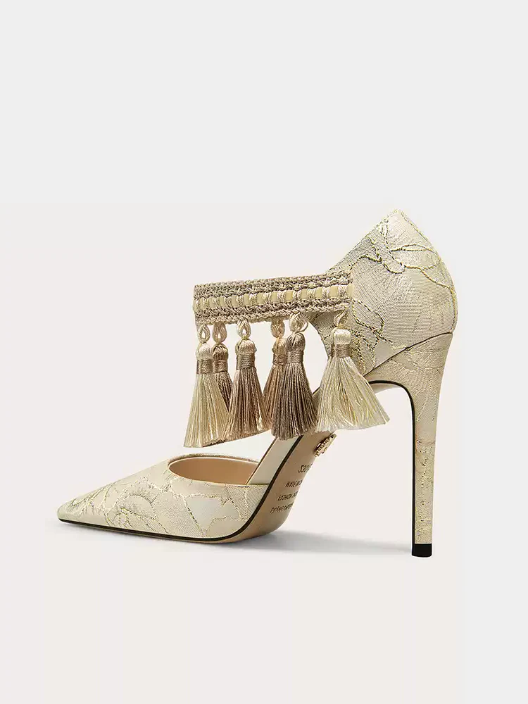 Elegant Beigi Embroidered Tassel Stiletto Heels with Pointed Toe Design - Image 2