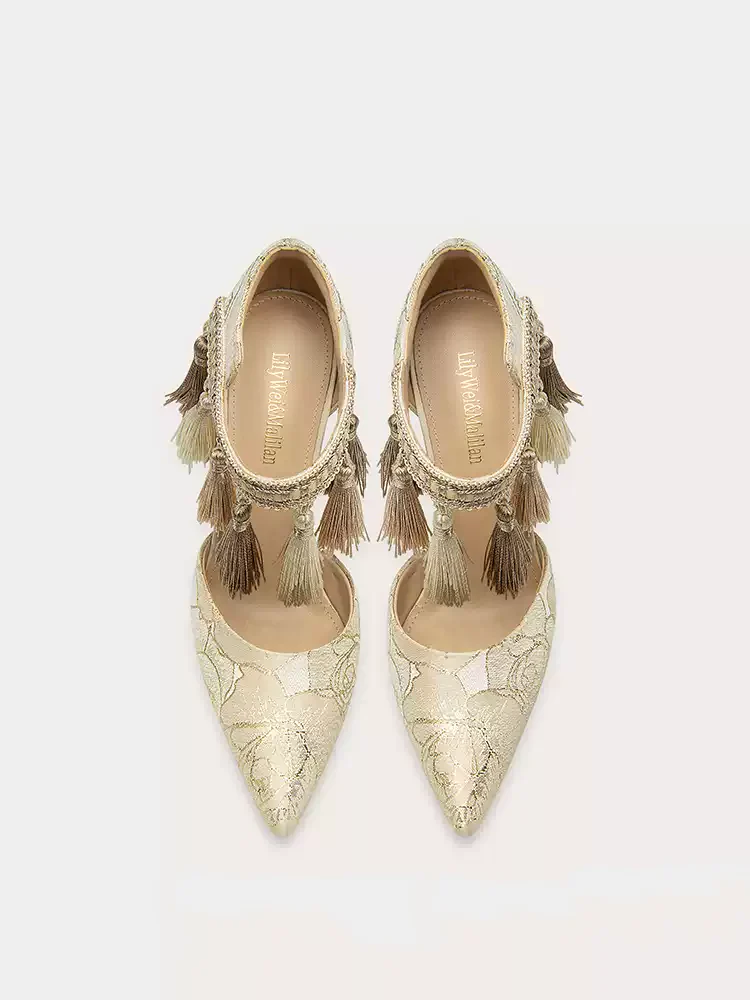 Elegant Beigi Embroidered Tassel Stiletto Heels with Pointed Toe Design - Image 3