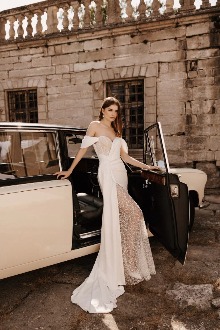 Elegant Fish Silhouette Satin Wedding Dress with Pearl Design Versatile Straps Plus Size - COSTANZA - Image 6