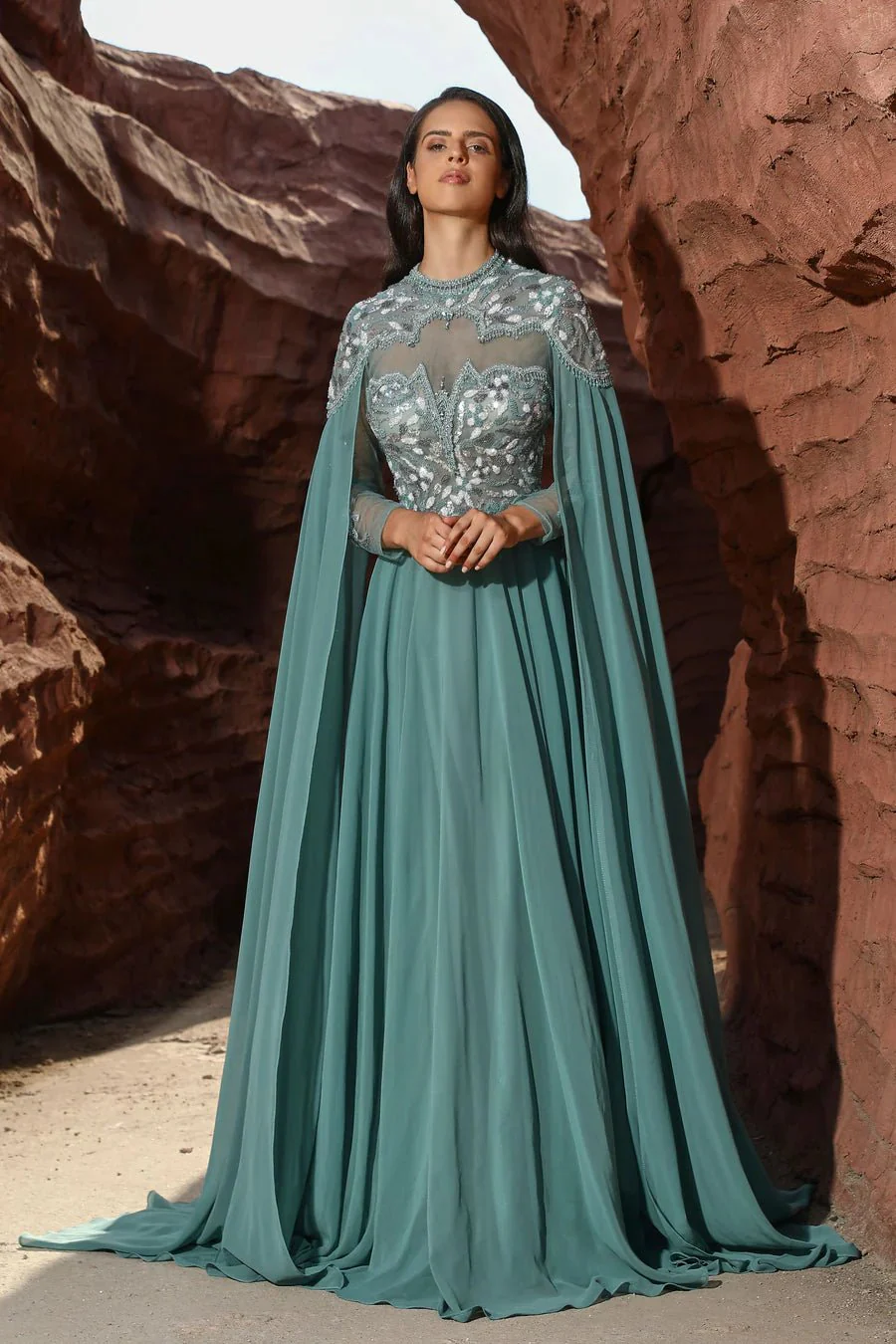 Elegant Teal Green Chiffon Evening Gown with Cape Sleeves - Embellished Dress and Pretty Sequin Dress Plus Size