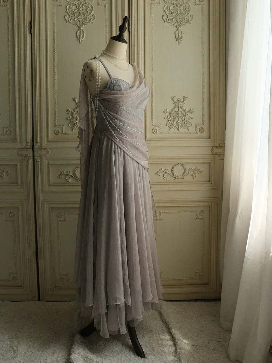 Elegant Grey Fantasy Dress - Fairy Evening Dress with Draped Pearls Plus Size