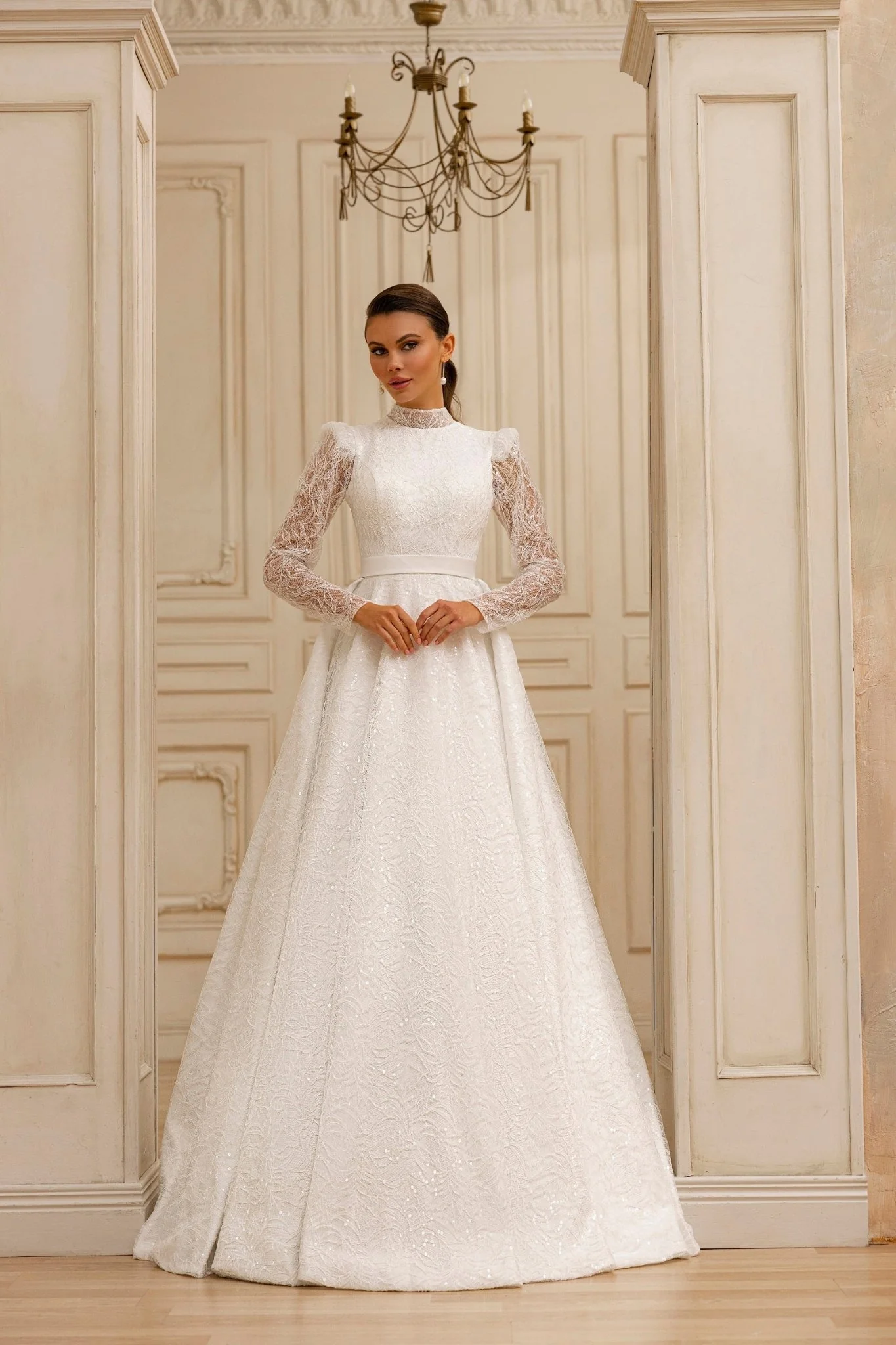 Elegant Modest High-Neck A-Line Wedding Dress with Lace Overlay and Subtle Train Plus Size