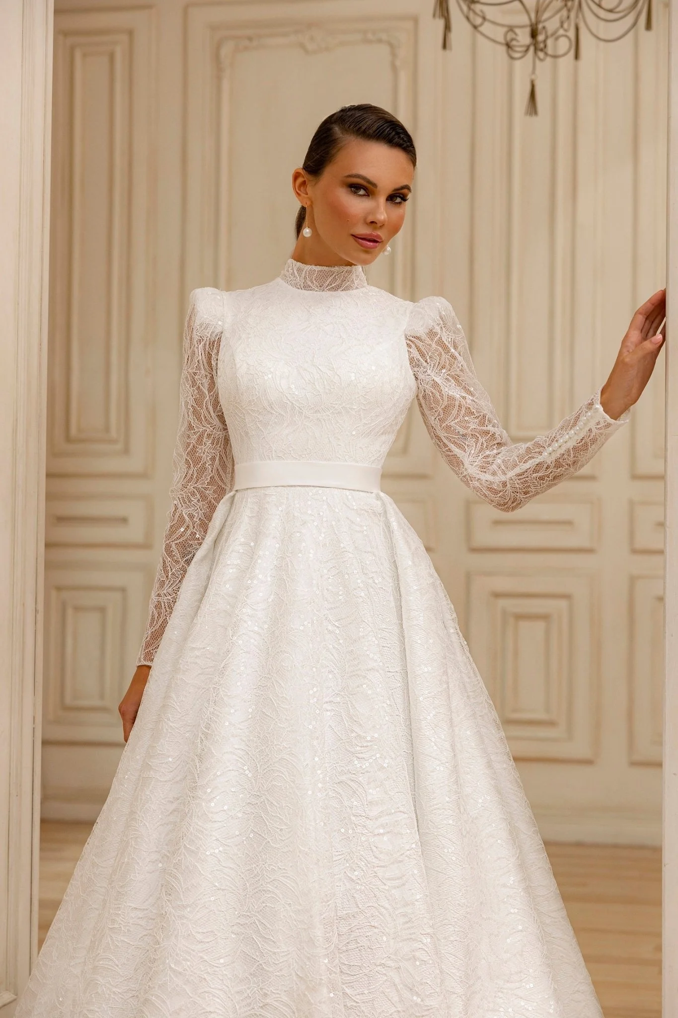 Elegant Modest High-Neck A-Line Wedding Dress with Lace Overlay and Subtle Train Plus Size - Image 2