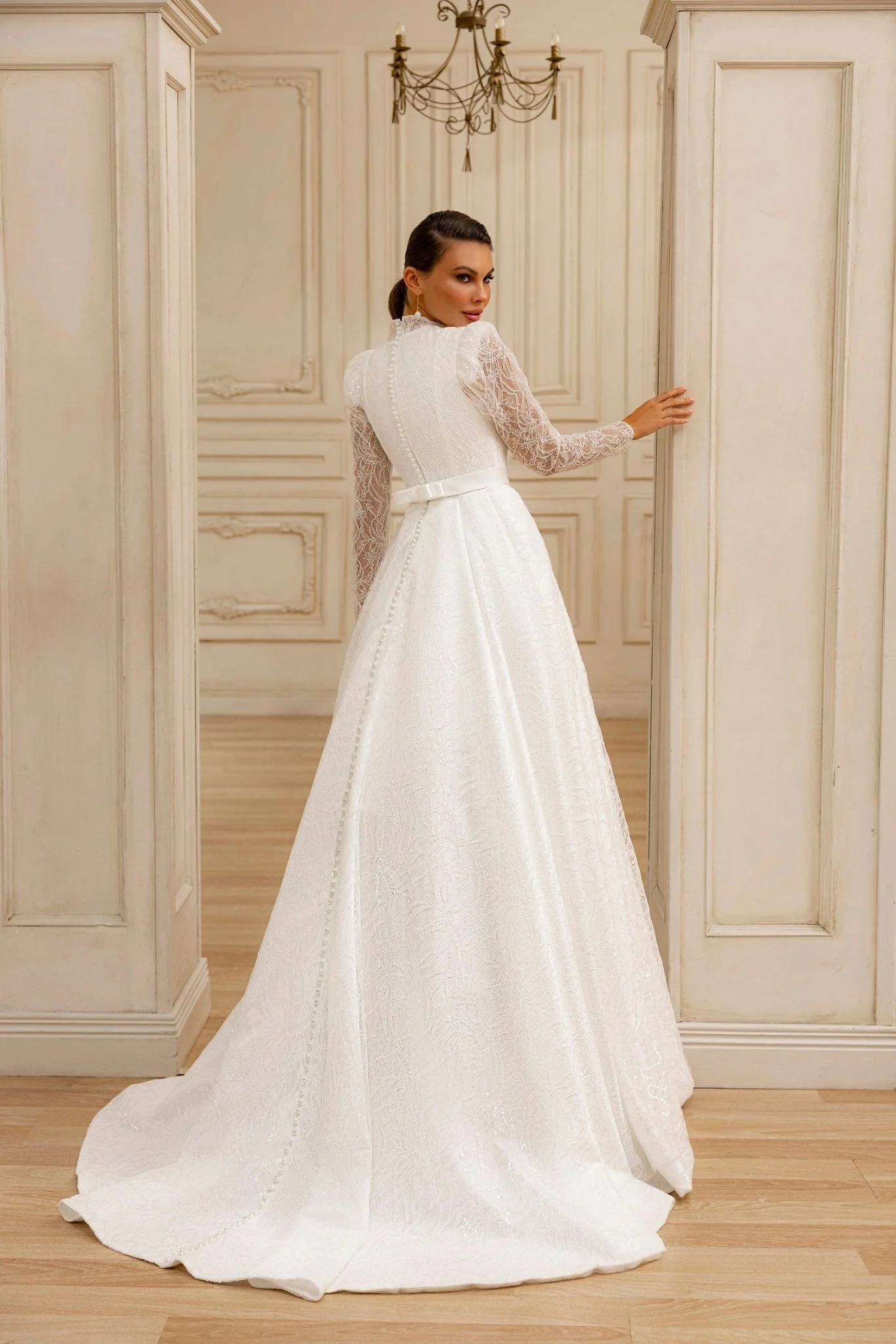 Elegant Modest High-Neck A-Line Wedding Dress with Lace Overlay and Subtle Train Plus Size - Image 3