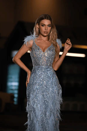 Elegant Lilac Purple Sequin Evening Gown with Feather Detail - Designer Sequin Dress and Pretty Sequin Dress Plus Size - Image 6