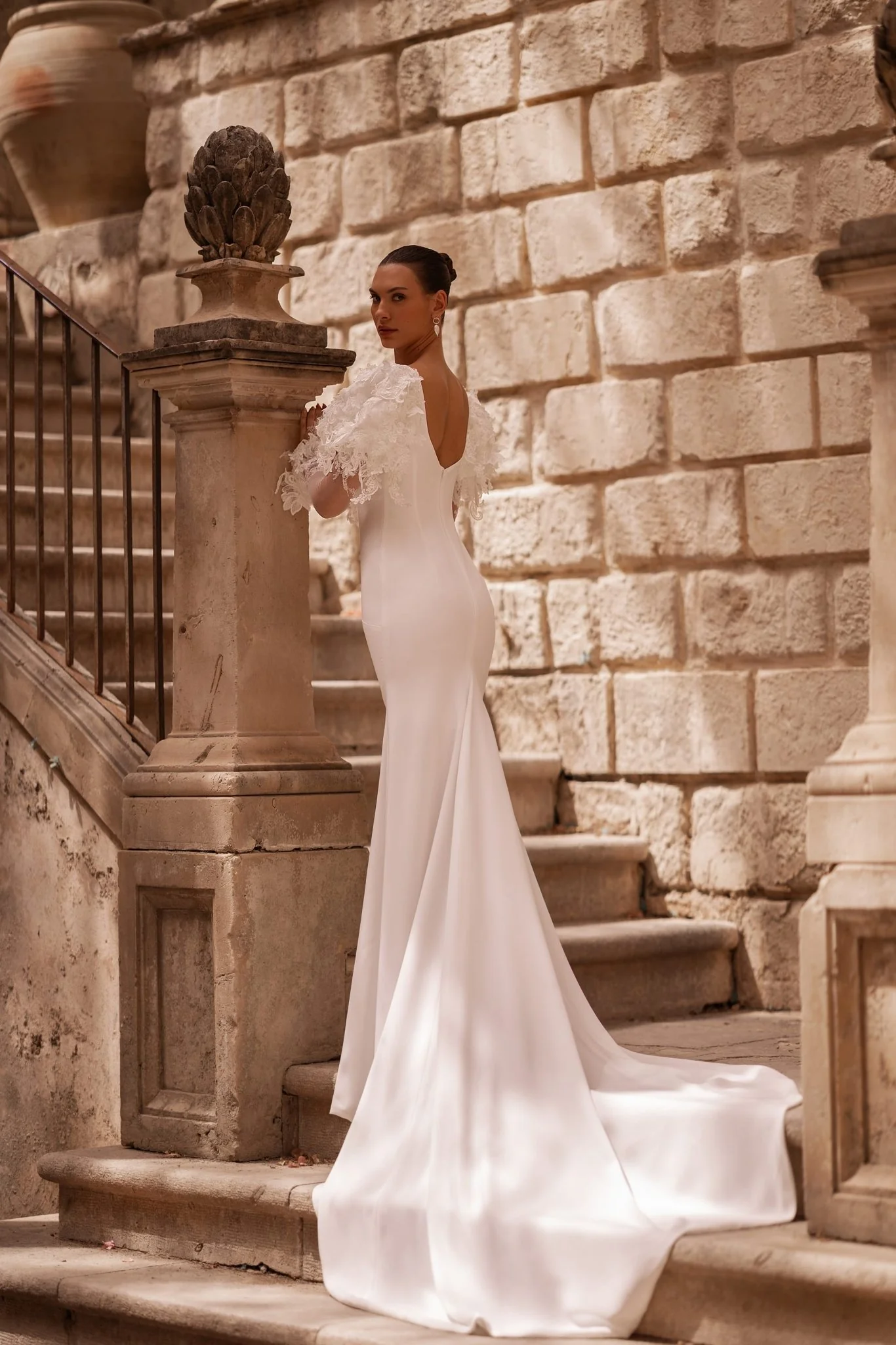 Elegant Ivory Mermaid Bridal Gown with Lace-Adorned Long Sleeves and Sculpted Waist, Plus Size Available - Image 3