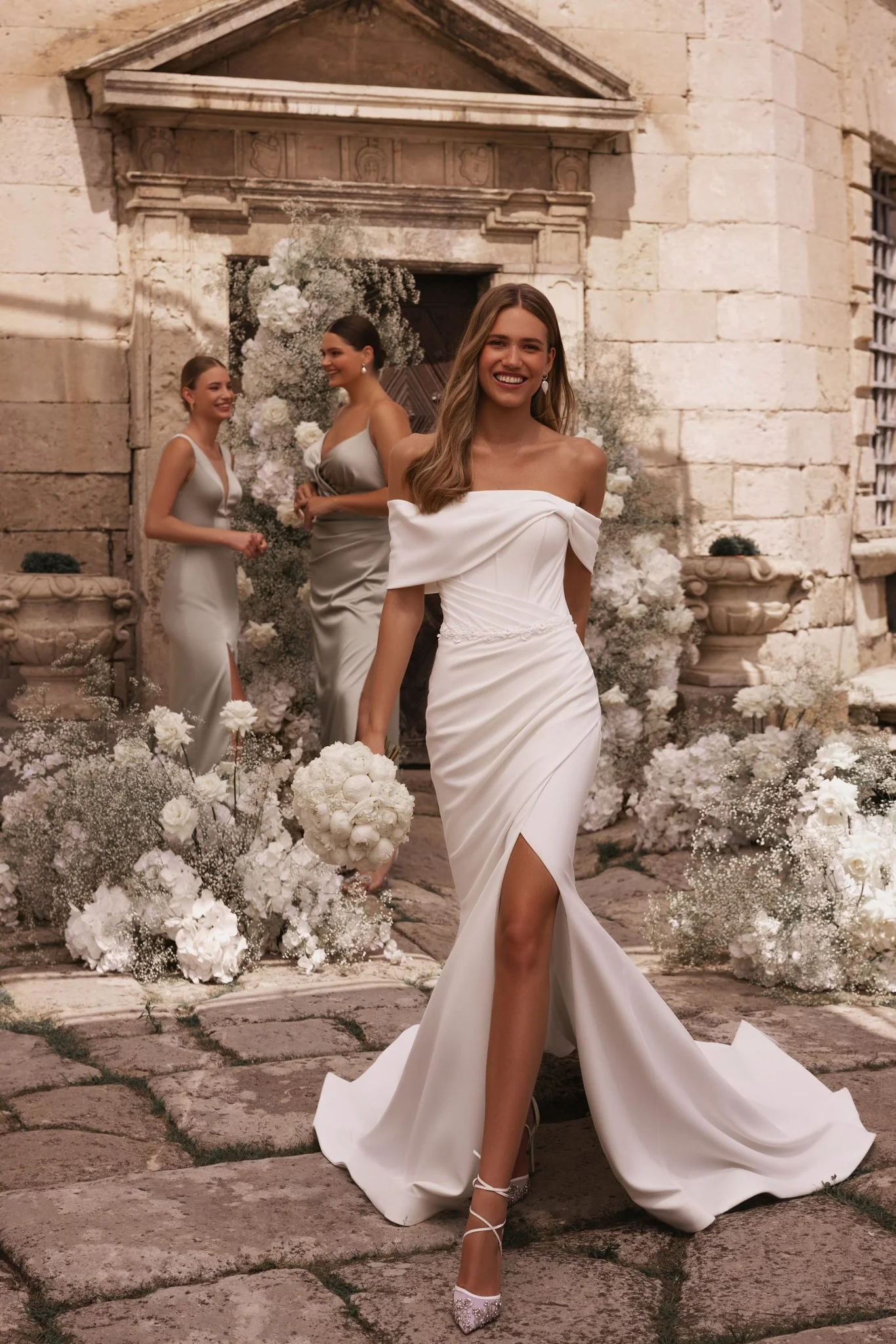 Elegant Ivory Off-Shoulder Bridal Gown with Romantic Slit Plus Size