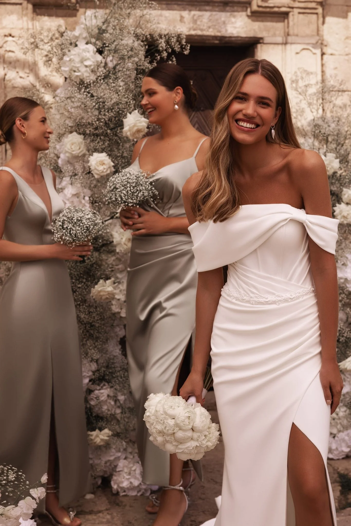 Elegant Ivory Off-Shoulder Bridal Gown with Romantic Slit Plus Size - Image 2