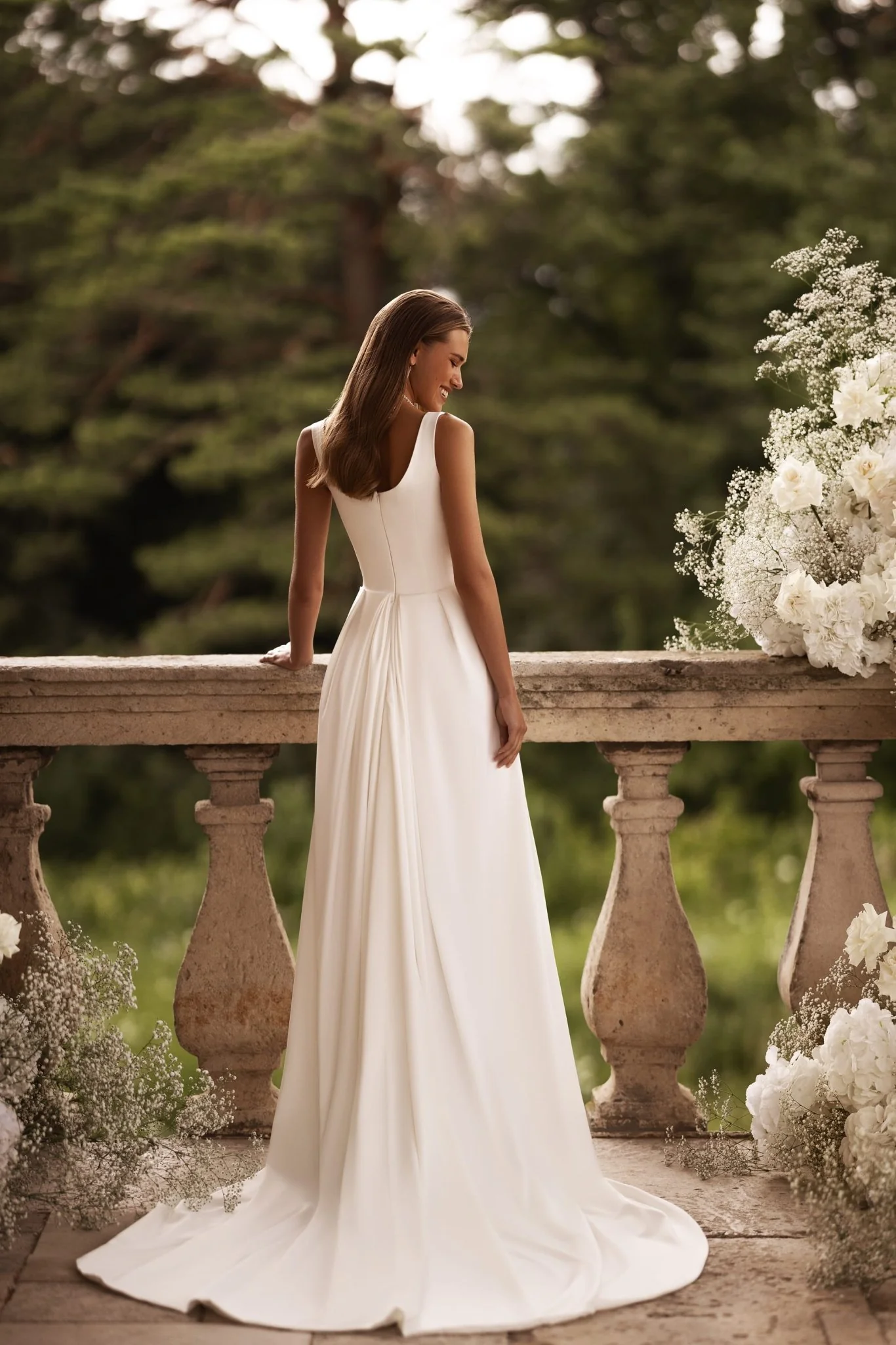 Elegant Ivory Satin Wedding Dress with Square Neck Accentuated Waist and Extended Train Plus Size - Image 3