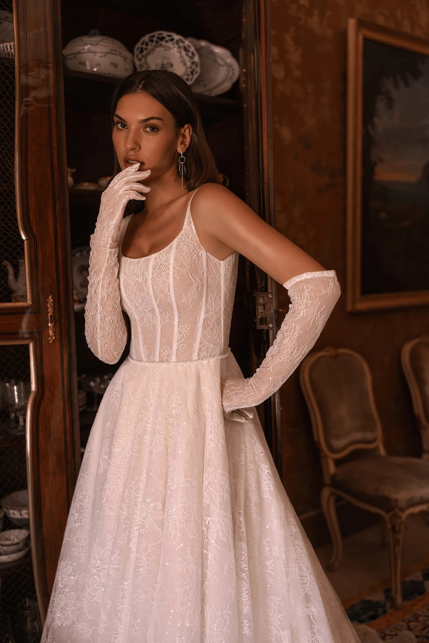Elegant Lace Wedding Gown with Long Train and Matching Gloves - Wedding Dress with Straps and Lace Plus Size - Image 2