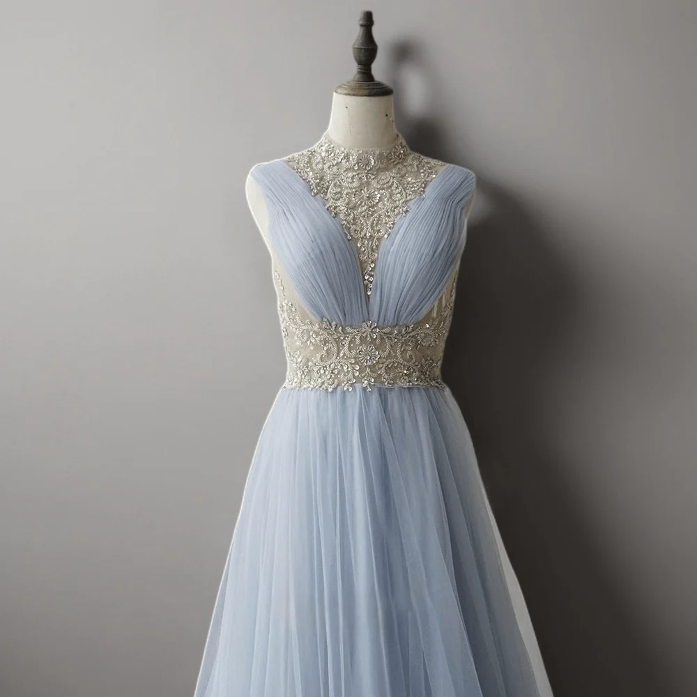 Elegant Light Blue Pretty Sequin Dress - Chiffon Dress with Embellished Bodice - High Neck Sequin Evening Gown Plus Size - Image 3