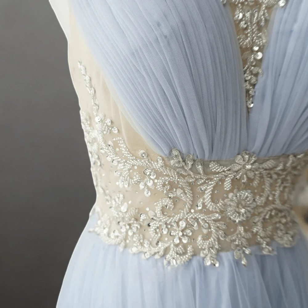 Elegant Light Blue Pretty Sequin Dress - Chiffon Dress with Embellished Bodice - High Neck Sequin Evening Gown Plus Size - Image 4