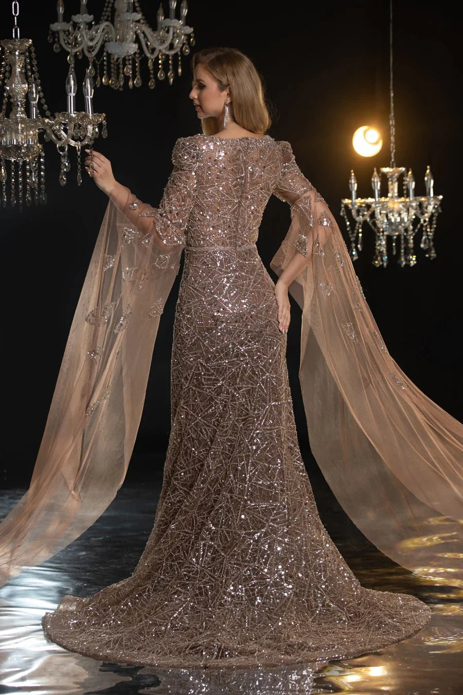 Elegant Light Purple Sequin Evening Gown with Flowing Cape Sleeves - Designer Sequin Gown and Pretty Glitter Dress Plus Size - Image 5
