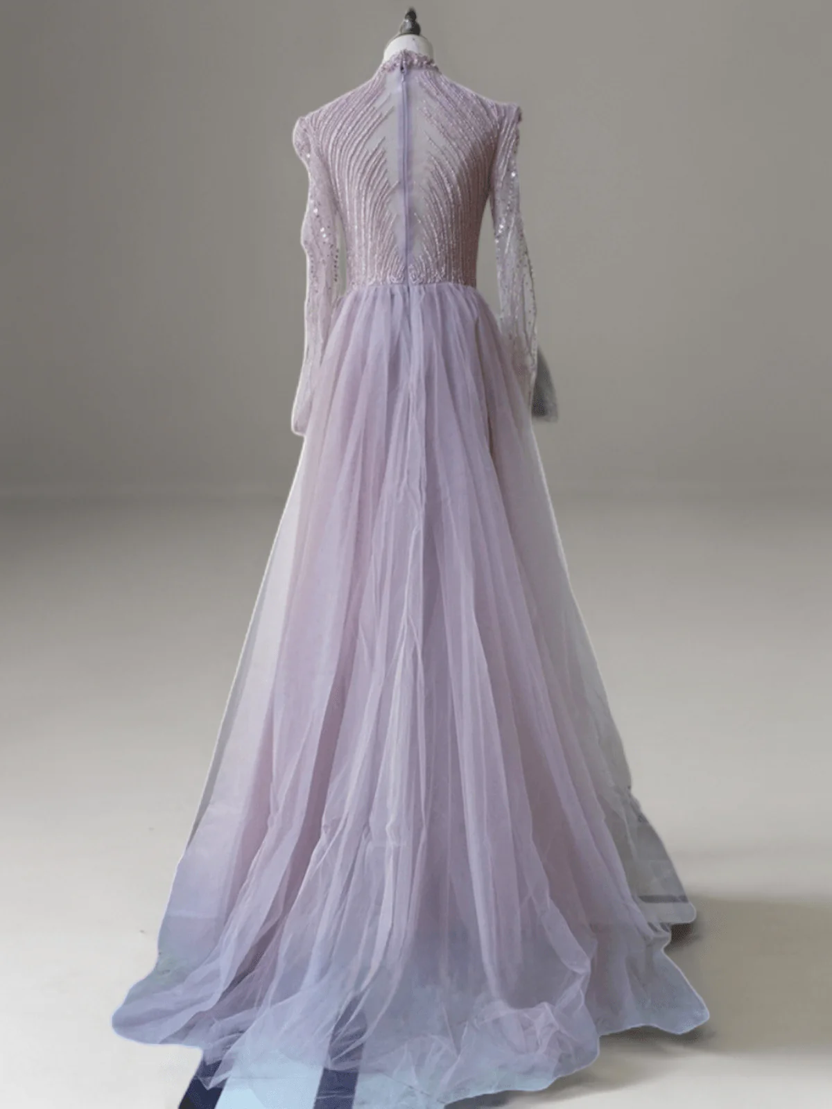 Elegant Lilac Sequin and Tulle Evening Gown - Pretty Purple Sequin Dress with Long Sleeves Plus Size - Image 2