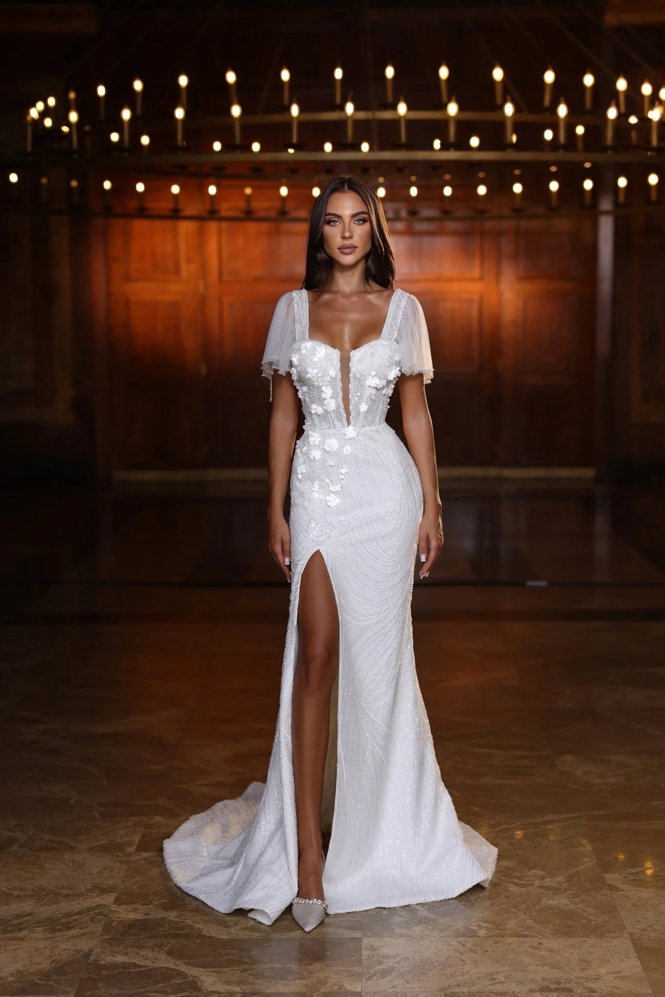 Elegant Mermaid Sequin Wedding Gown with Cap Sleeves Plus Size