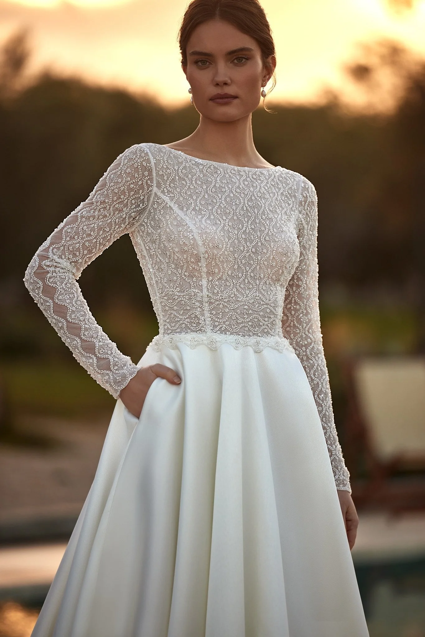 Elegant Modern Long Sleeve Wedding Gown with Lace Details and Beaded Corset – Plus Size Available - Image 3