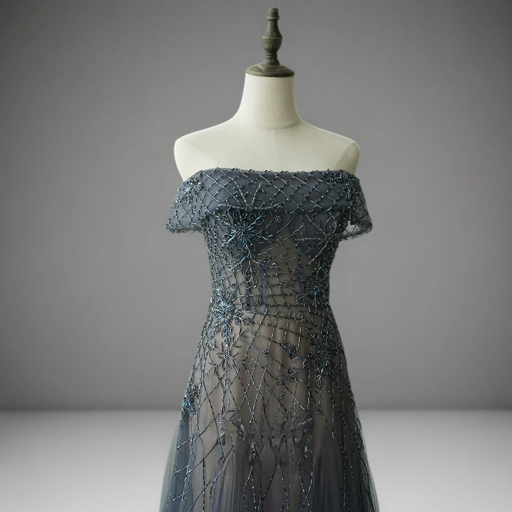 Gothic Charcoal Grey Off-Shoulder Tulle Evening Gown - Pretty Sequin Dress with Floral Details Plus Size - Image 3