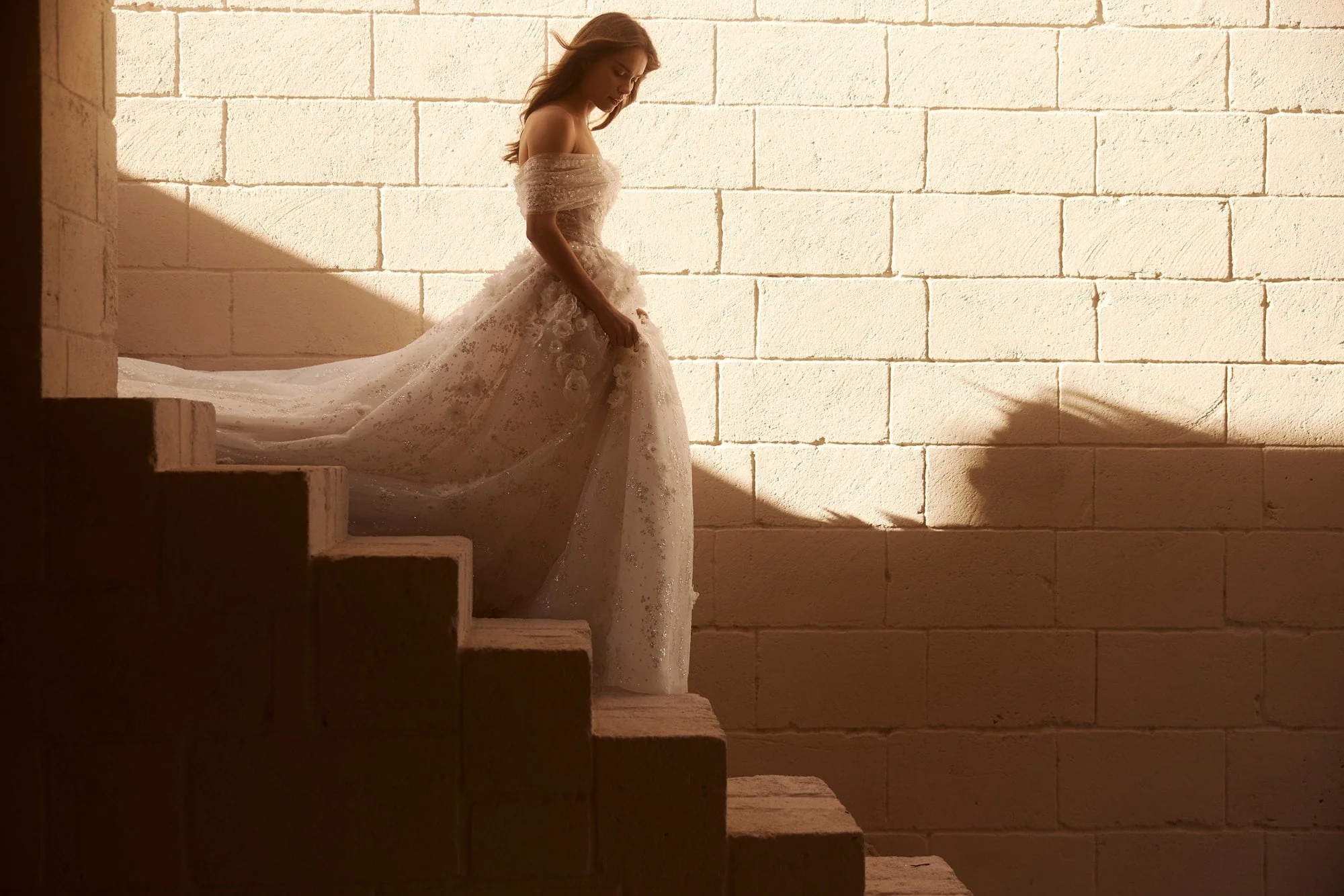 Elegant Off-Shoulder A-Line Bridal Gown with Sequin Floral Appliqués and Tulle Skirt Plus Size - Image 6