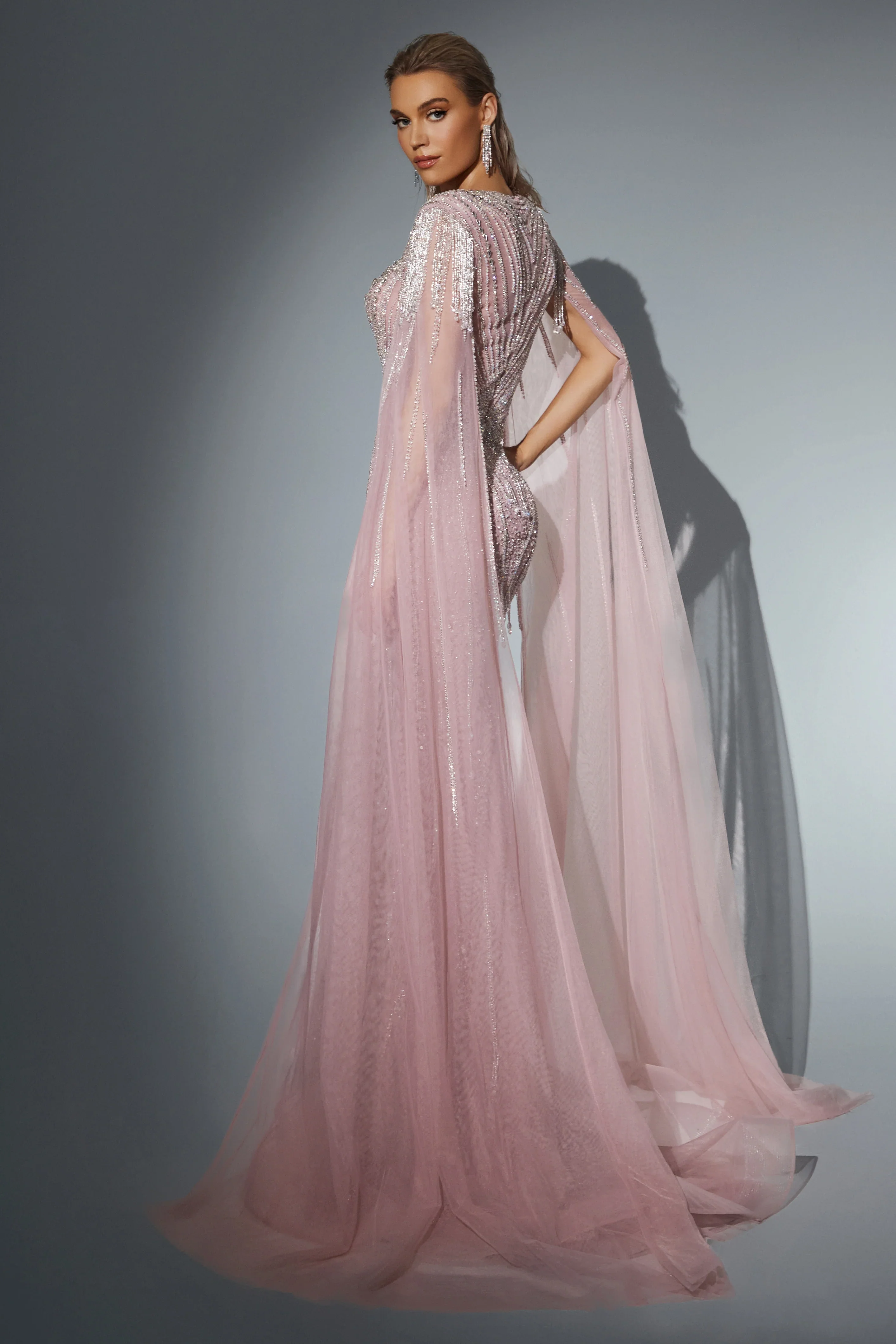 Elegant Blush Pink Sequin Evening Gown with Cape Sleeves - Glitter Maxi Dress - Pink Sequin Dress Plus Size - Image 2
