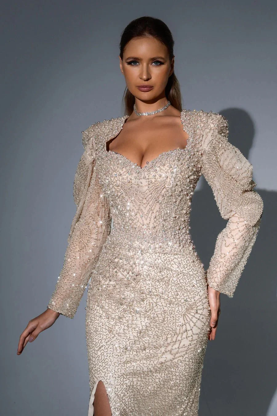 Elegant Sage Green Sequin Evening Gown with Long Sleeves - Pretty Sequin Dress and Puff Sleeve Dress Plus Size - Image 5