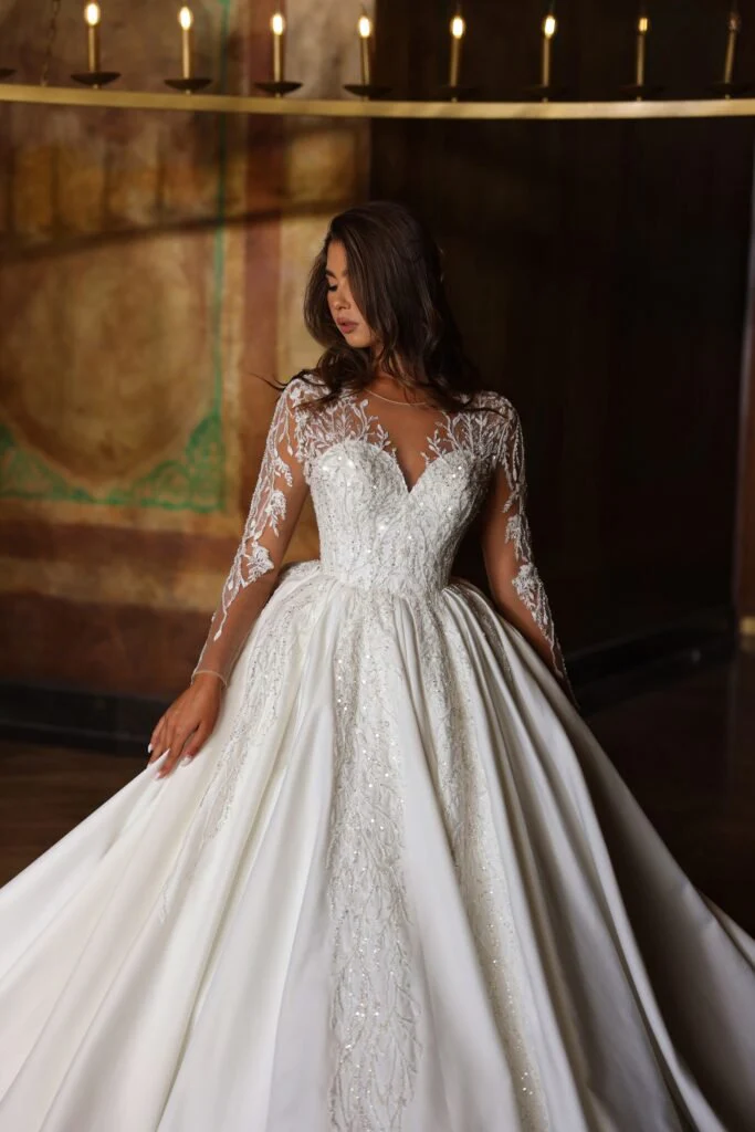 Elegant Satin A-Line Wedding Dress with Lace Sleeves - Plus Size - Image 3