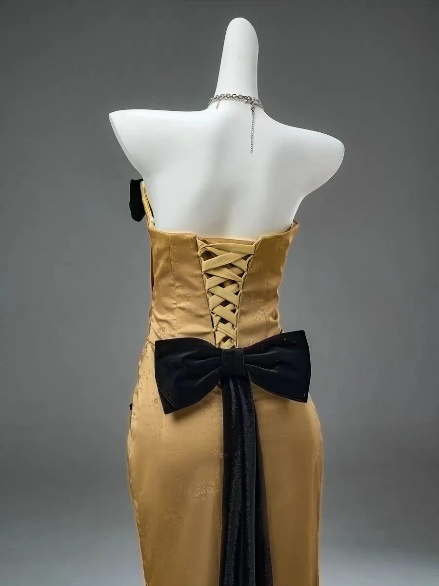 Golden Yellow Off-Shoulder Satin Evening Gown with Black Detail - Plus Size - Image 4