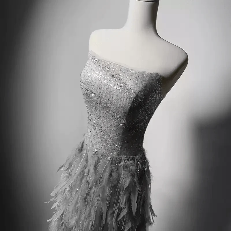 Elegant Silver Gray Sequin and Feather Dress with Corset Back - Strapless Glitter Dress - Off-Shoulder Sequin Dress Plus Size - Image 4