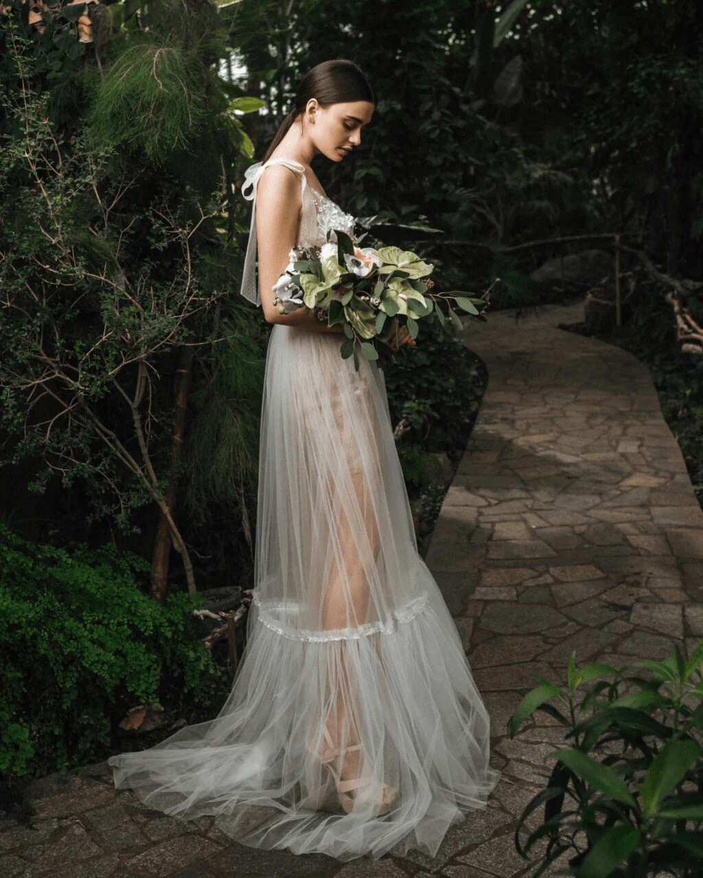 Elegant Sheer Bridal Gown - Floral Applique Dress with Bow Straps Plus Size - CONSTANCE - Image 4