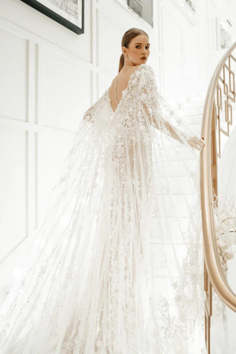 Elegant Tulle Mermaid Wedding Dress and Convertible Cape - Floral Applique Wedding Dress with Long Sleeves Plus Size - ELISSA - Image 2
