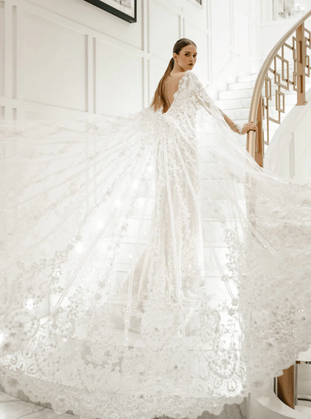 Elegant Tulle Mermaid Wedding Dress and Convertible Cape - Floral Applique Wedding Dress with Long Sleeves Plus Size - ELISSA - Image 4