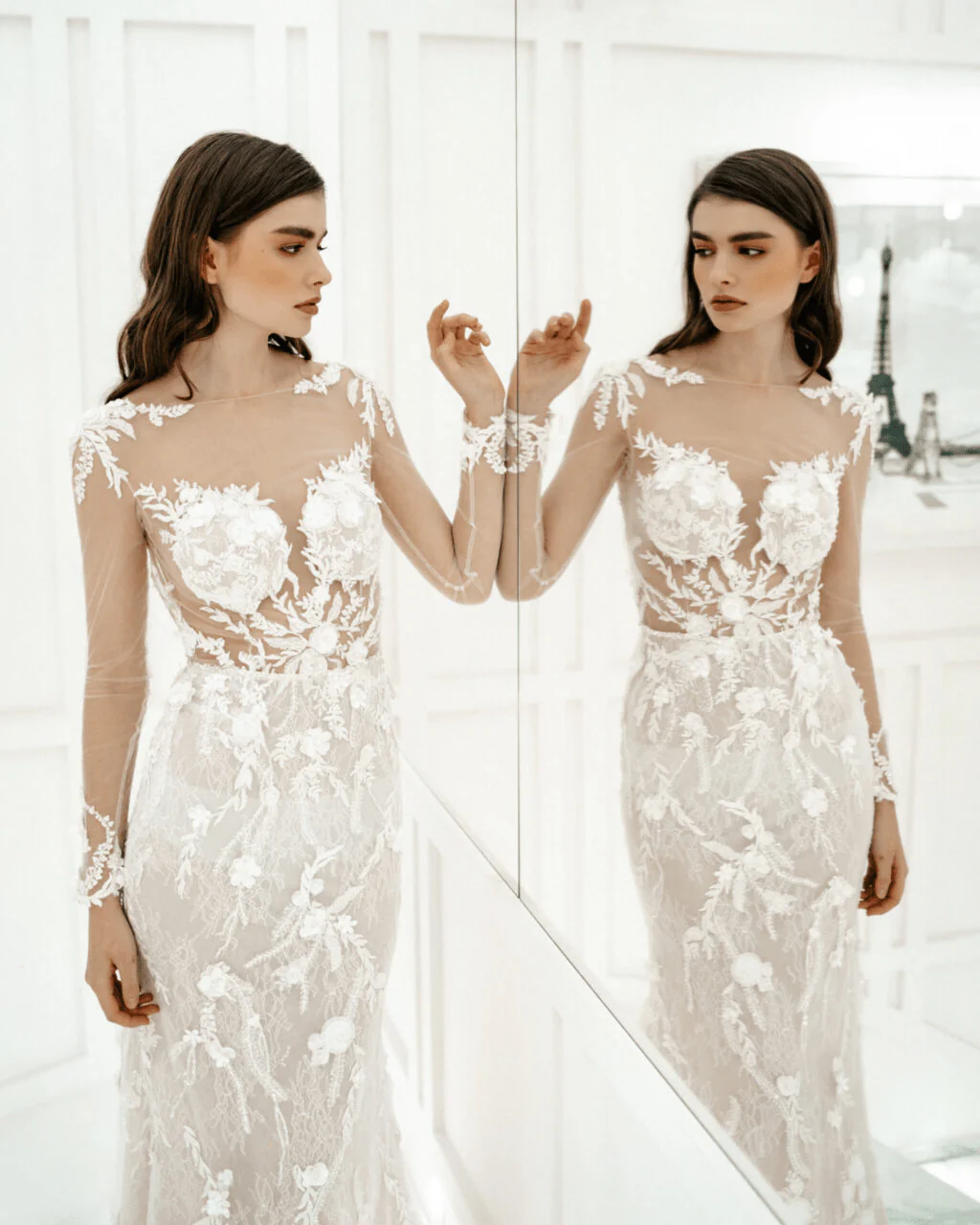 Elegant Tulle Mermaid Wedding Dress and Open Back Dress - Floral Applique Wedding Dress with Long Sleeves Plus Size - ELIANA - Image 3