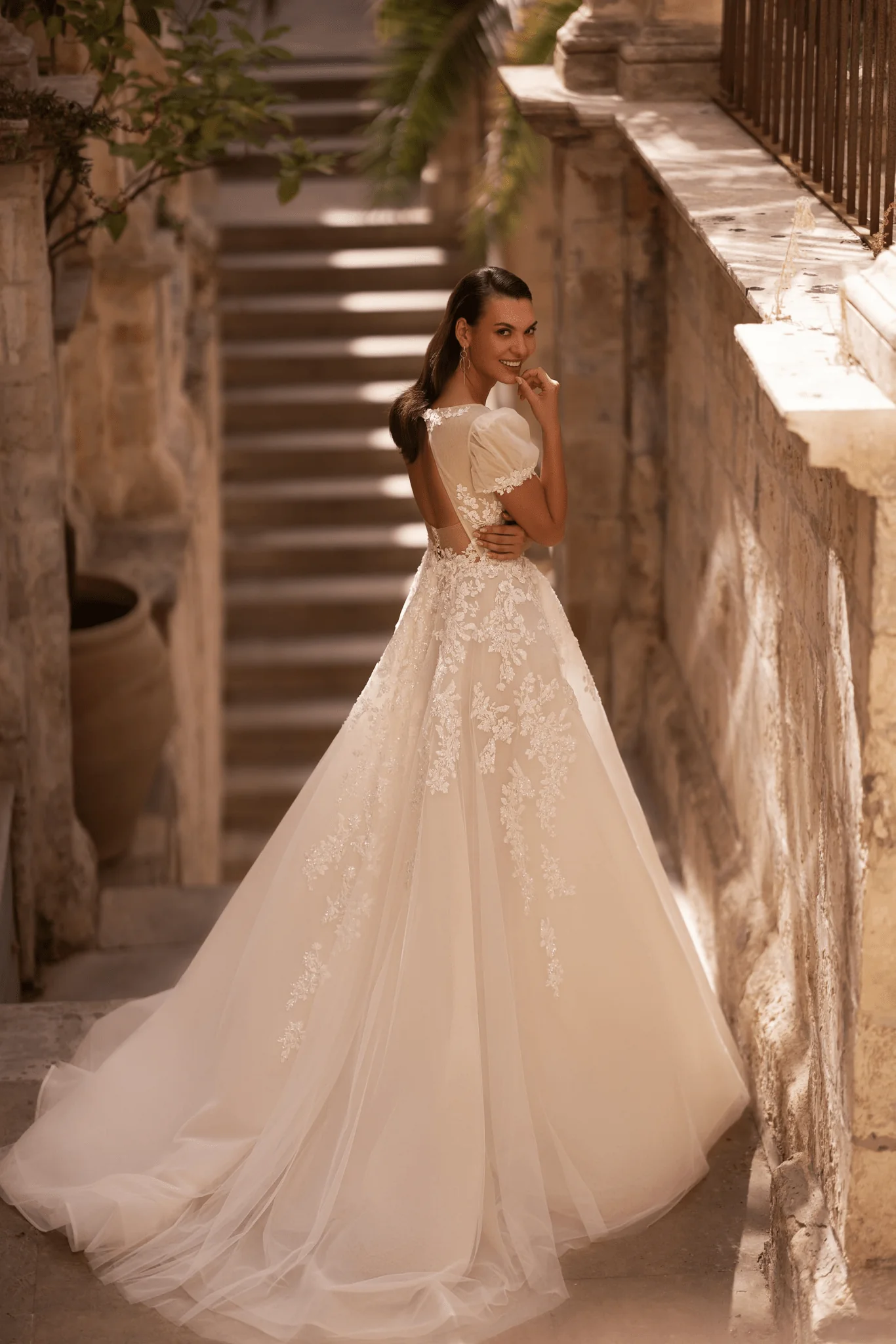 Elegant High Low V-Neck Wedding Dress with Floral Lace - Short Sleeve Dress - A-Line Wedding Dress Plus Size - Image 2