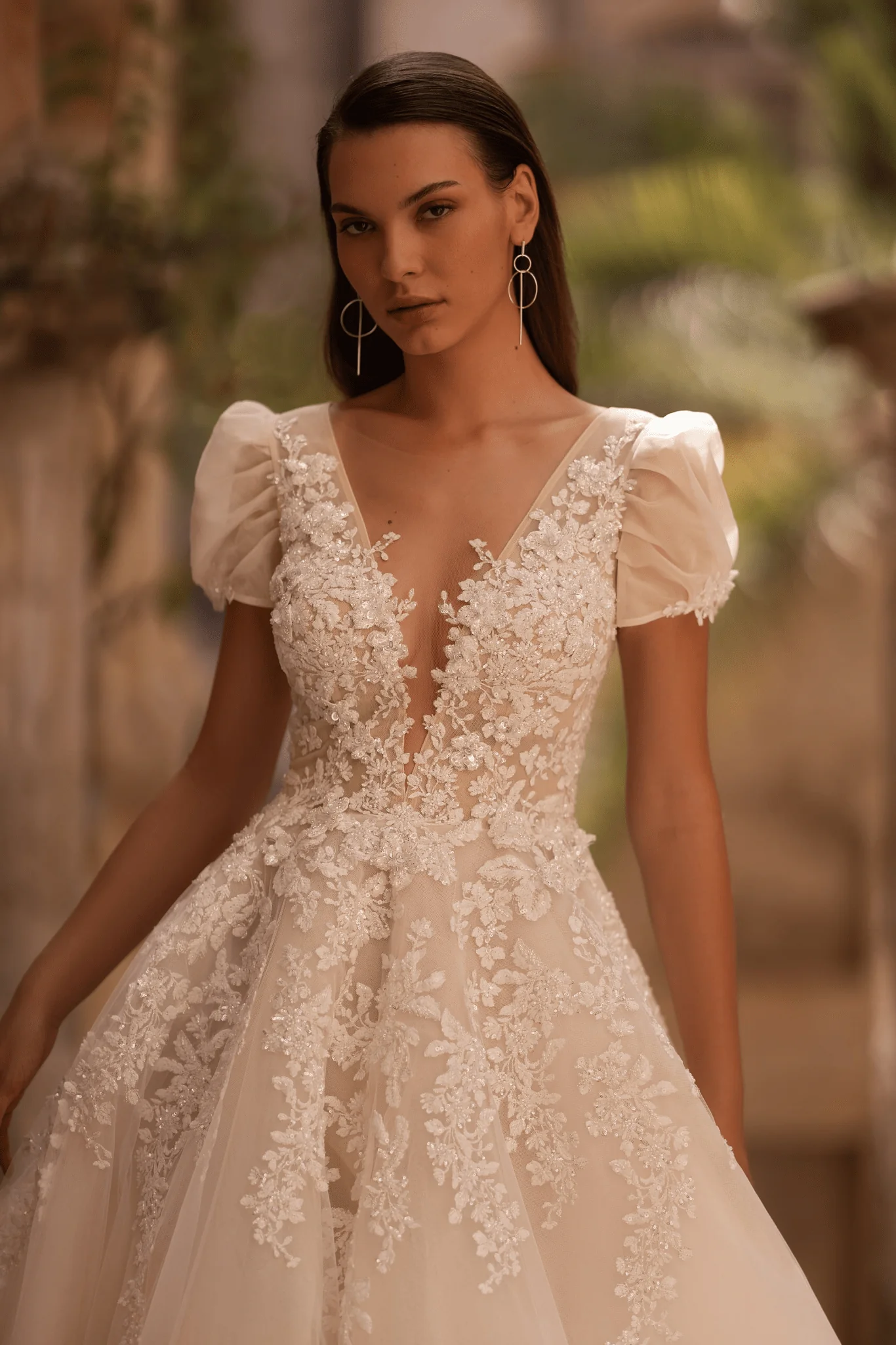 Elegant High Low V-Neck Wedding Dress with Floral Lace - Short Sleeve Dress - A-Line Wedding Dress Plus Size - Image 3