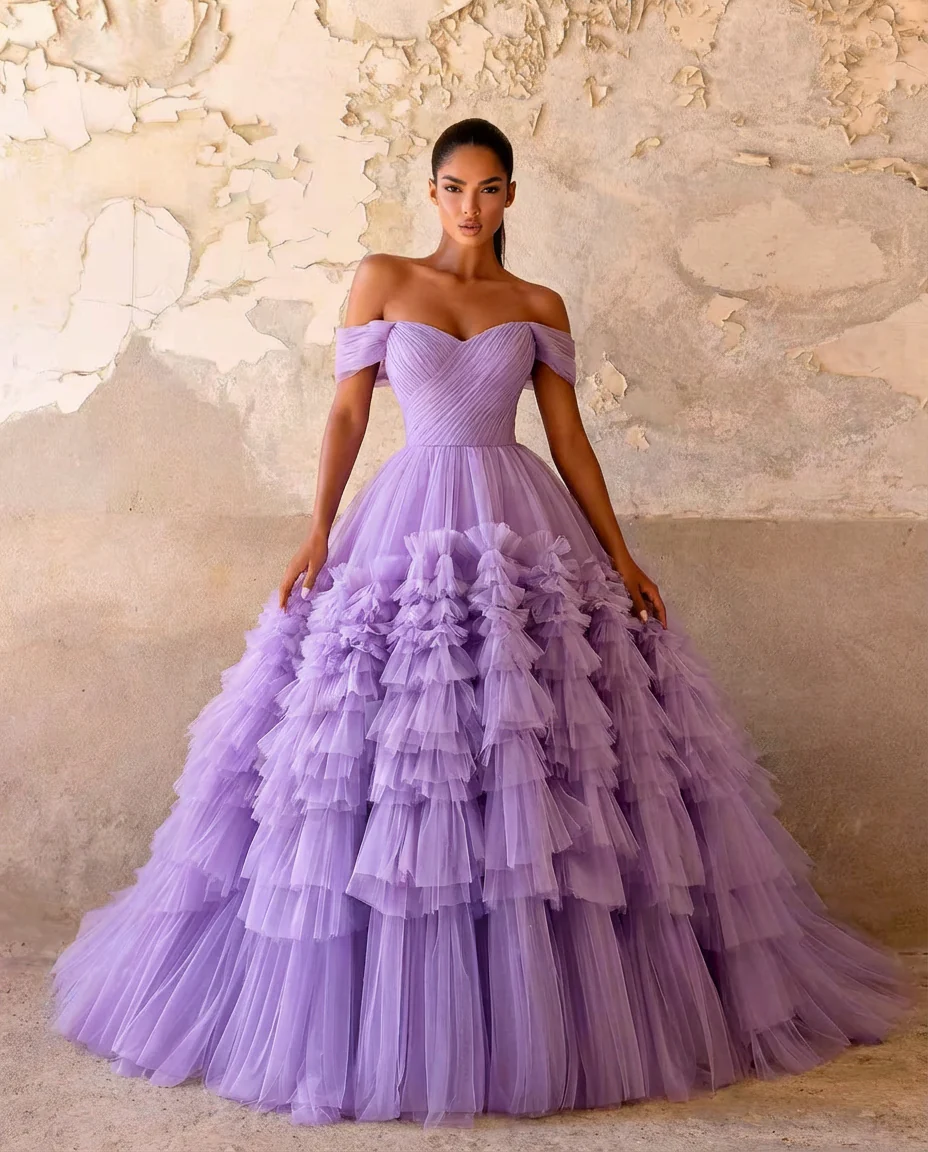 Elegant Woman Purple Ball Gown - Layered Tulle Ruffle Dress with Corset Back -  Purple Ball Gown with Layered Tulle Ruffle Skirt Plus Size