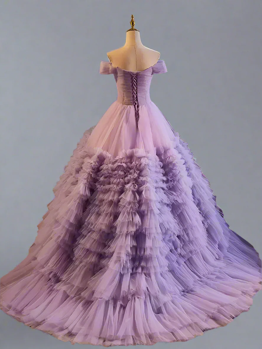 Elegant Woman Purple Ball Gown - Layered Tulle Ruffle Dress with Corset Back -  Purple Ball Gown with Layered Tulle Ruffle Skirt Plus Size - Image 5
