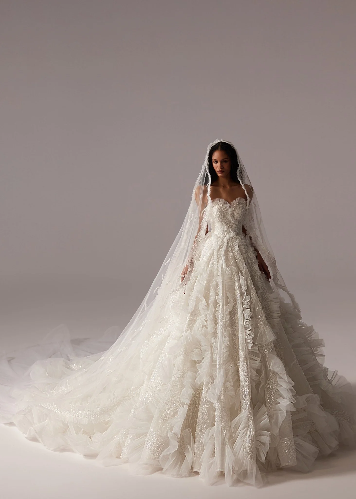 White Lace Ball Gown Wedding Dress with Off-Shoulder Sleeves, Ruffled Skirt, and Floor-Length Train - Plus Size