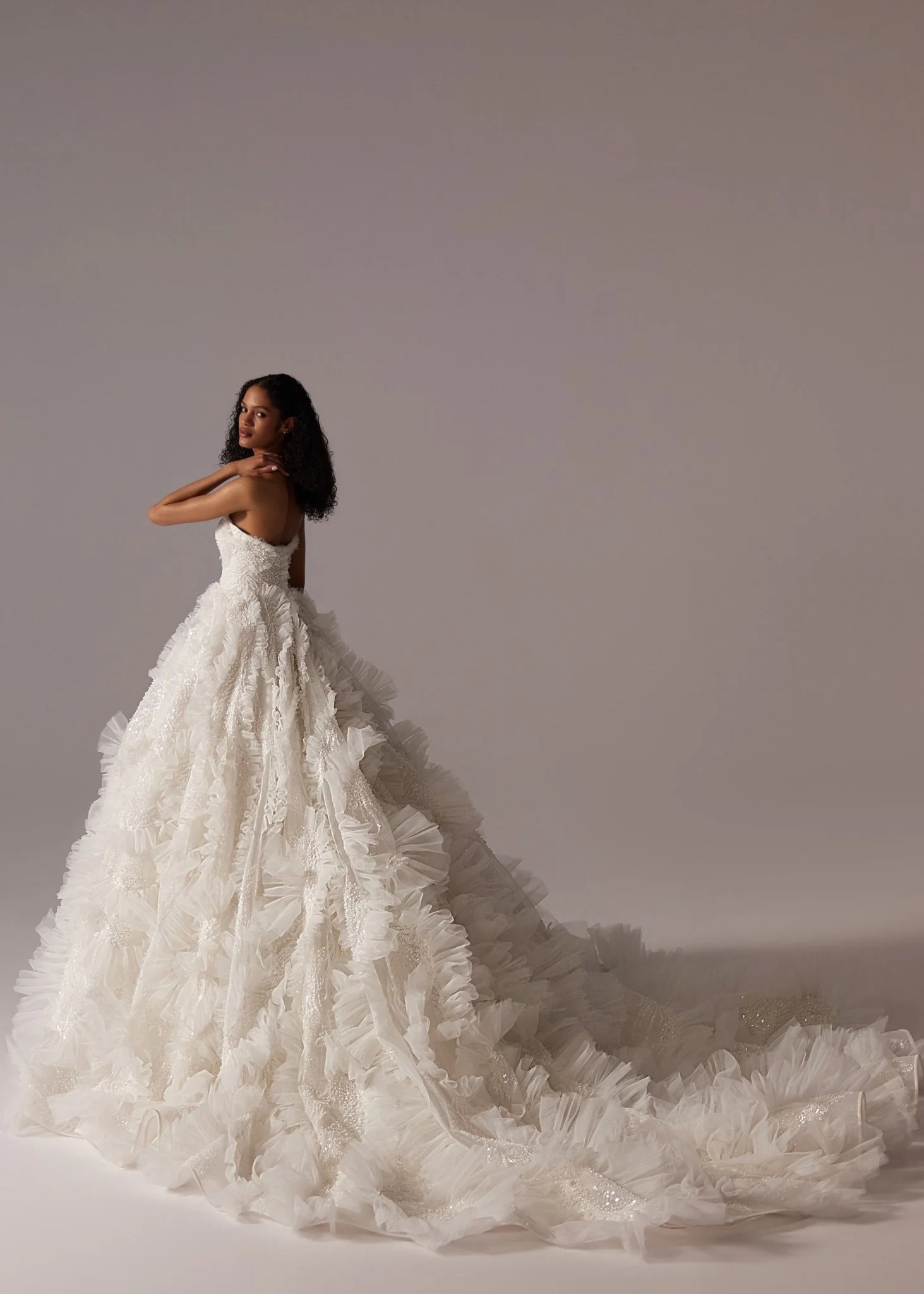 White Lace Ball Gown Wedding Dress with Off-Shoulder Sleeves, Ruffled Skirt, and Floor-Length Train - Plus Size - Image 5