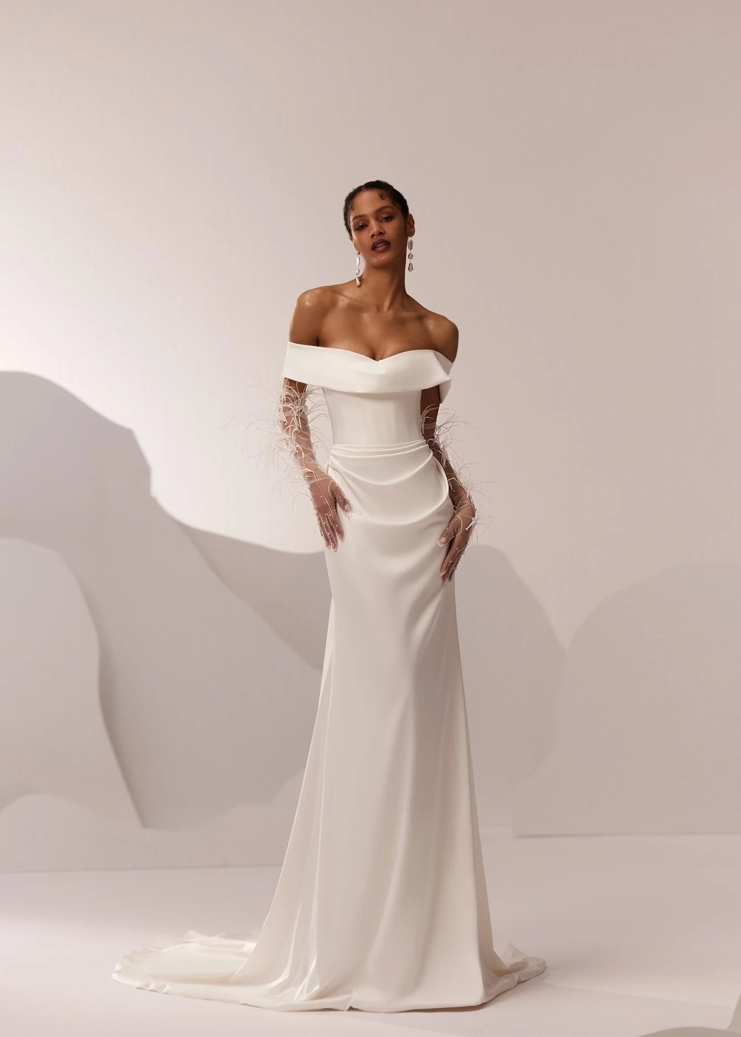 White Satin Off-Shoulder Wedding Dress with Sleek Floor-Length Train - Plus Size