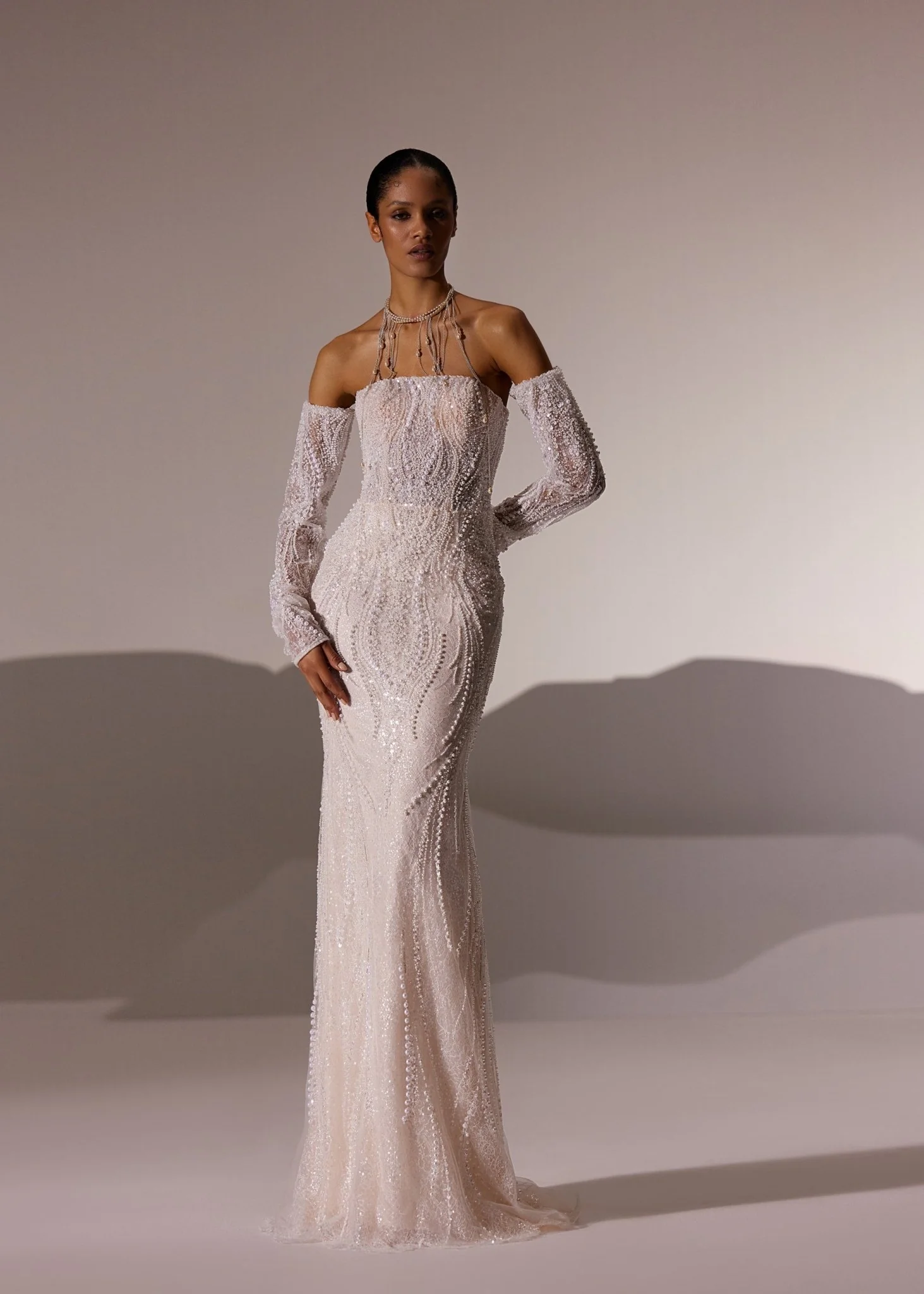 Ivory Lace Fitted Wedding Dress with Long Sheer Sleeves, Deep V-Neck, and Elegant Train - Plus Size