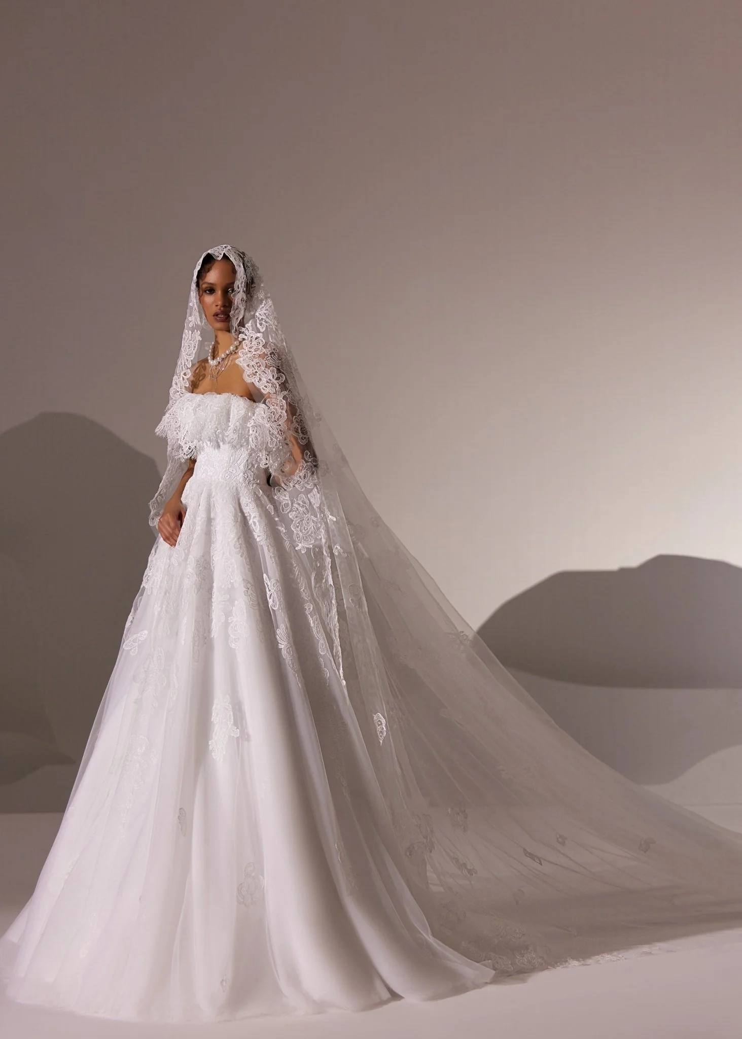 White Lace Wedding Dress with Hooded Veil, Ruffled Bodice, and Floor-Length Train - Plus Size
