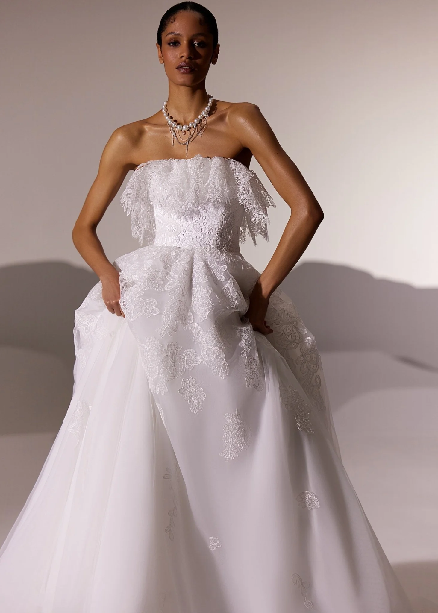White Lace Wedding Dress with Hooded Veil, Ruffled Bodice, and Floor-Length Train - Plus Size - Image 3