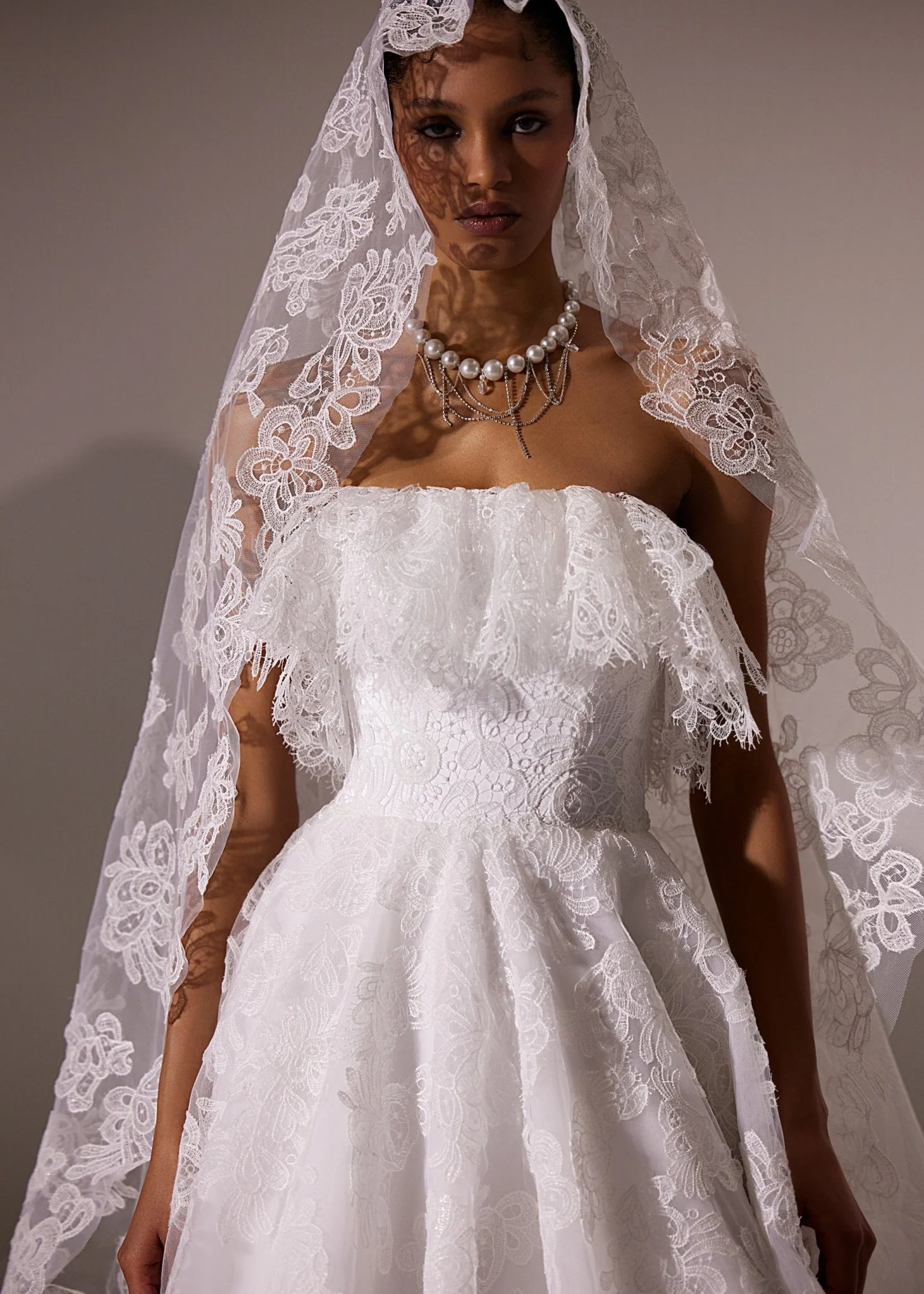 White Lace Wedding Dress with Hooded Veil, Ruffled Bodice, and Floor-Length Train - Plus Size - Image 4