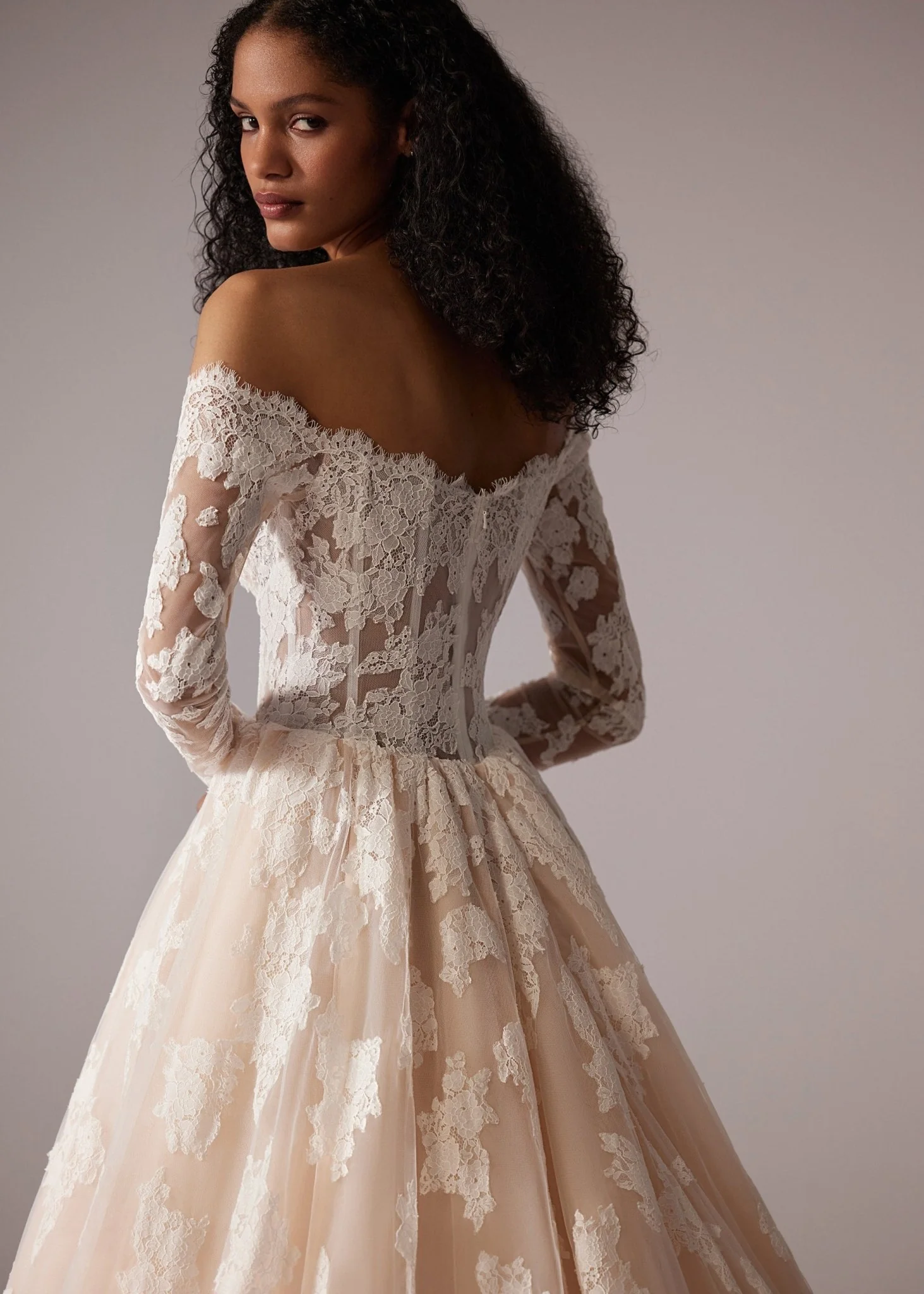 White Lace Wedding Dress with Long Sleeves, Off-Shoulder Neckline, and Floor-Length Train - Plus Size - Image 3