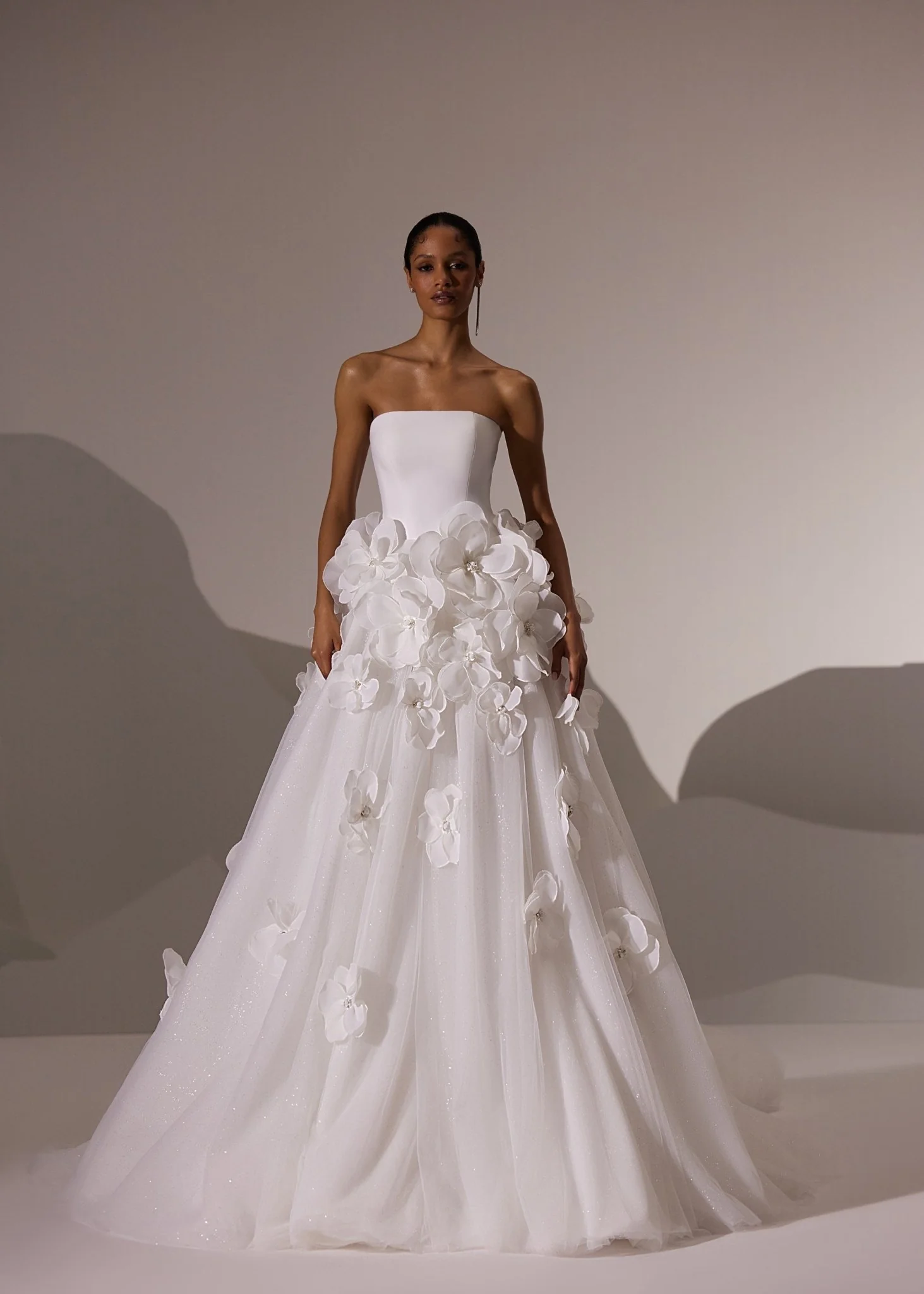 White Beaded Lace Wedding Dress with Off-Shoulder Sleeves and Floor-Length Train - Plus Size